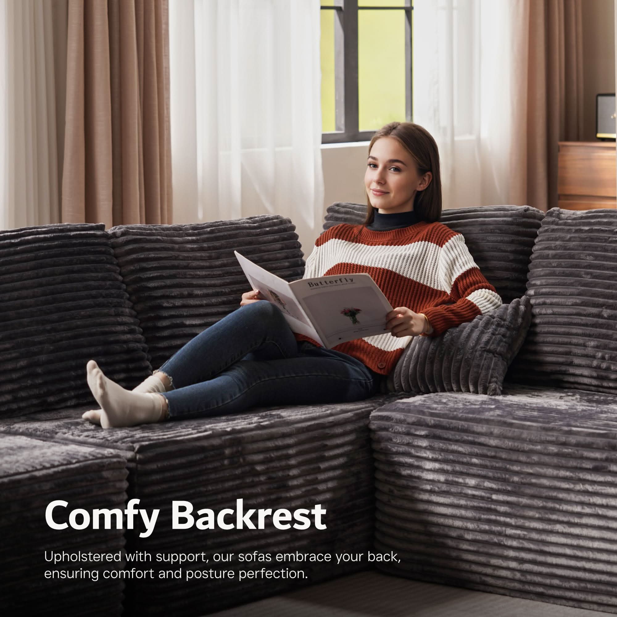 Ovios sectional cloud couch, living room U-shaped sofa, plush corduroy, memory foam, no assembly required.