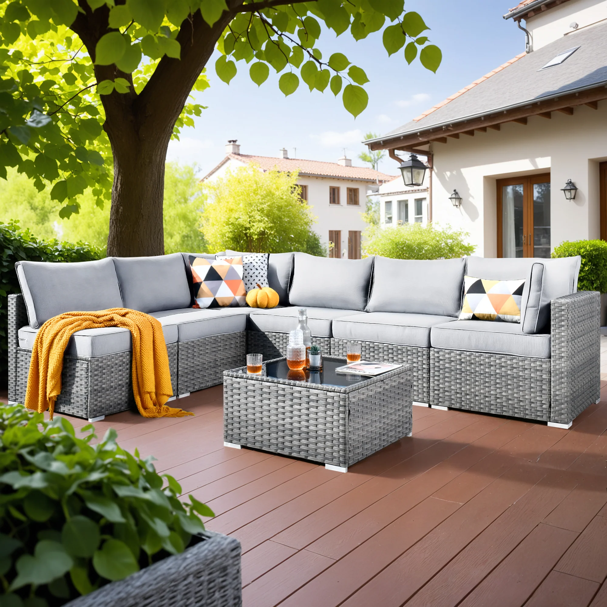 Ovios Outdoor Sectional Furniture 7-Piece with Cushions and Table