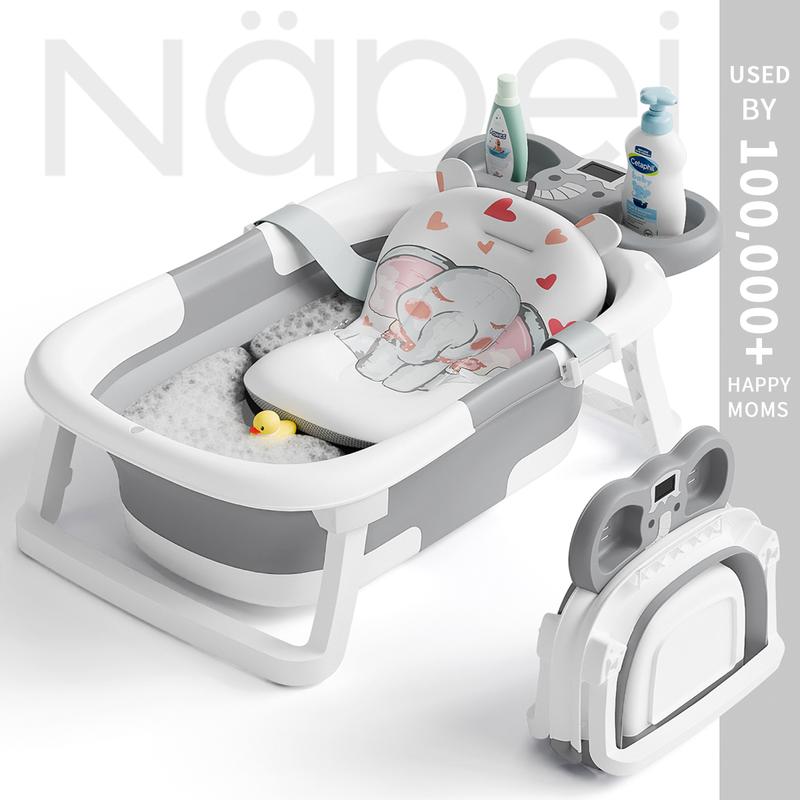 Napei Collapsible Baby Bathtub with Real-Time Temp Monitor, Floating Cushion, Foldable Baby Bath Tub Set for Newborns & Toddlers