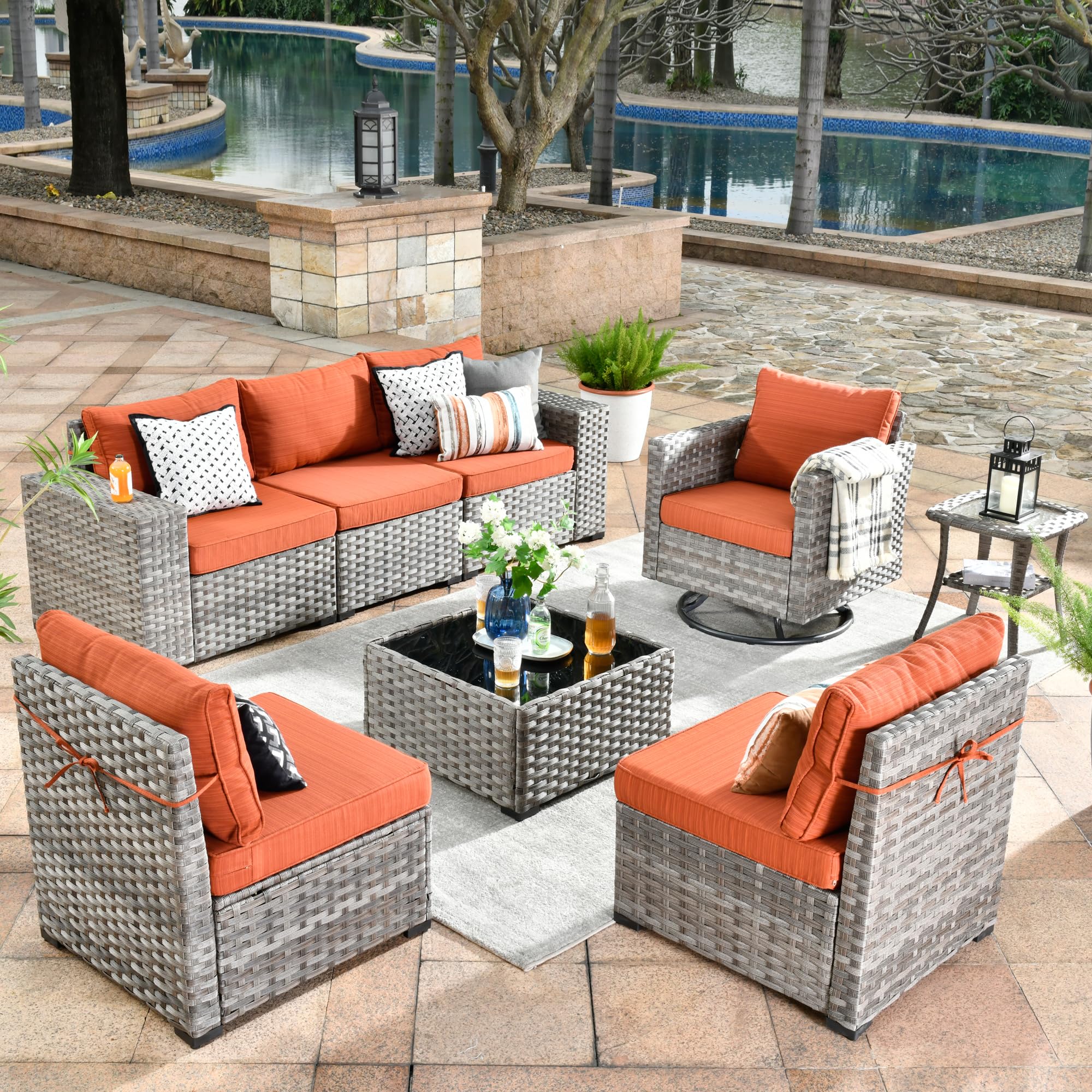 Ovios 8 Pieces Patio Furniture Set, Outdoor Sectional Sofa with Swivel Rocking Chair