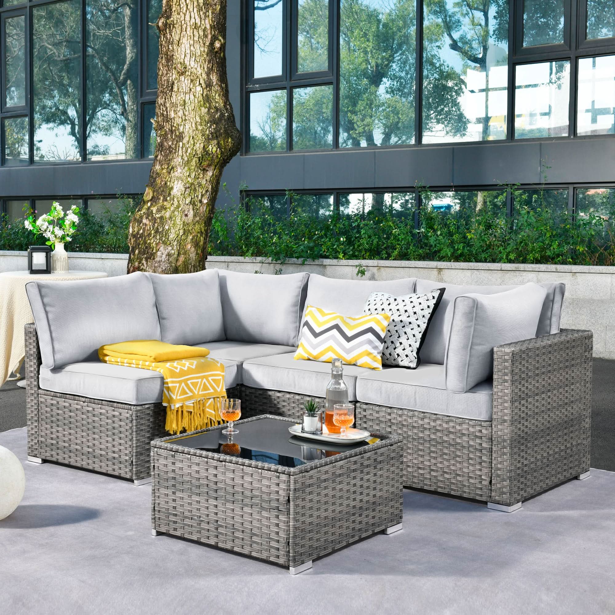 Ovios Outdoor 5 Piece Coversation Set with Coffee Table,Sectional Patio Furniture Set with All-Weather Wicker Sofa