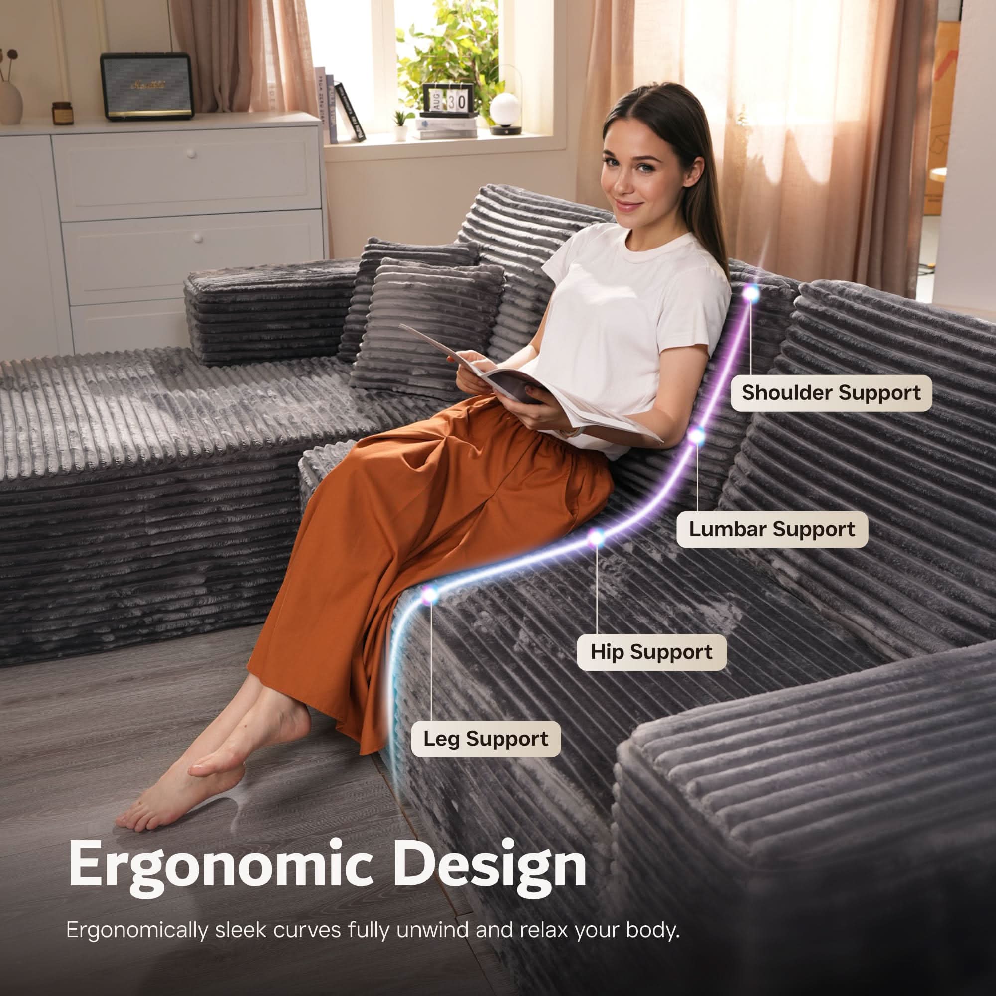 Ovios sectional cloud couch, living room U-shaped sofa, plush corduroy, memory foam, no assembly required.