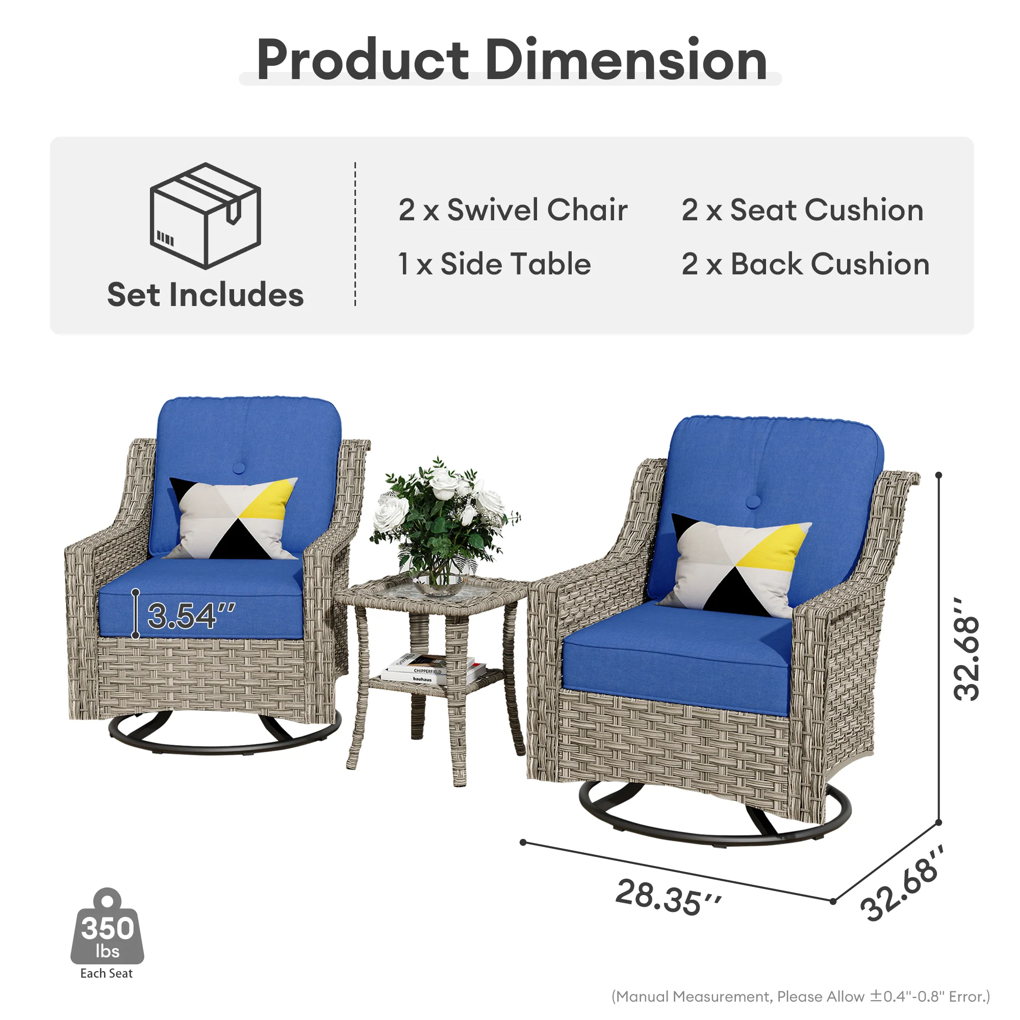 Ovios Conversation Set 3-Piece PAD Series,Swivel Chair