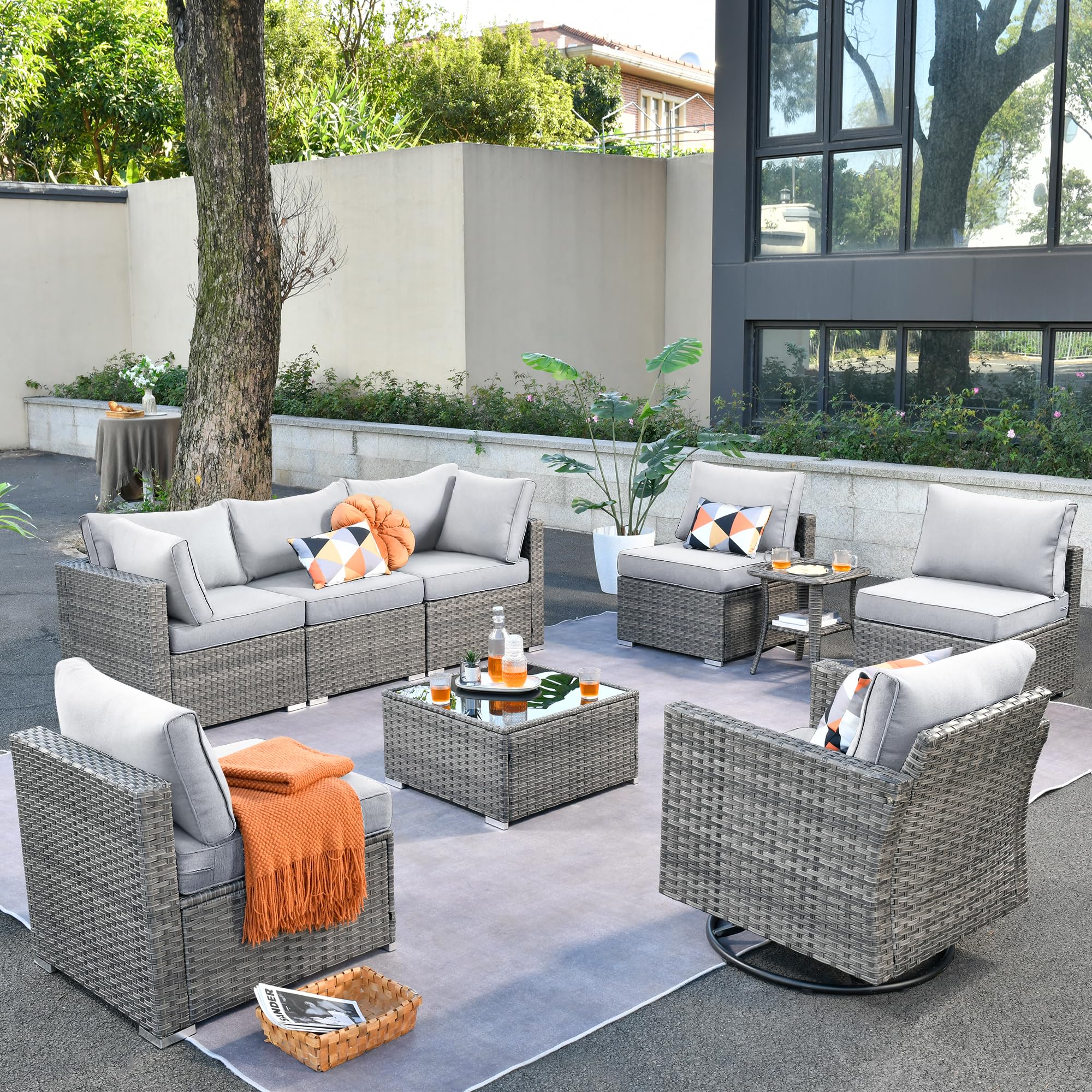 Ovios Outdoor 9 Piece Coversation Set with Swivel Rocking Chair,Sectional Patio Furniture Set with All-Weather Wicker Sofa