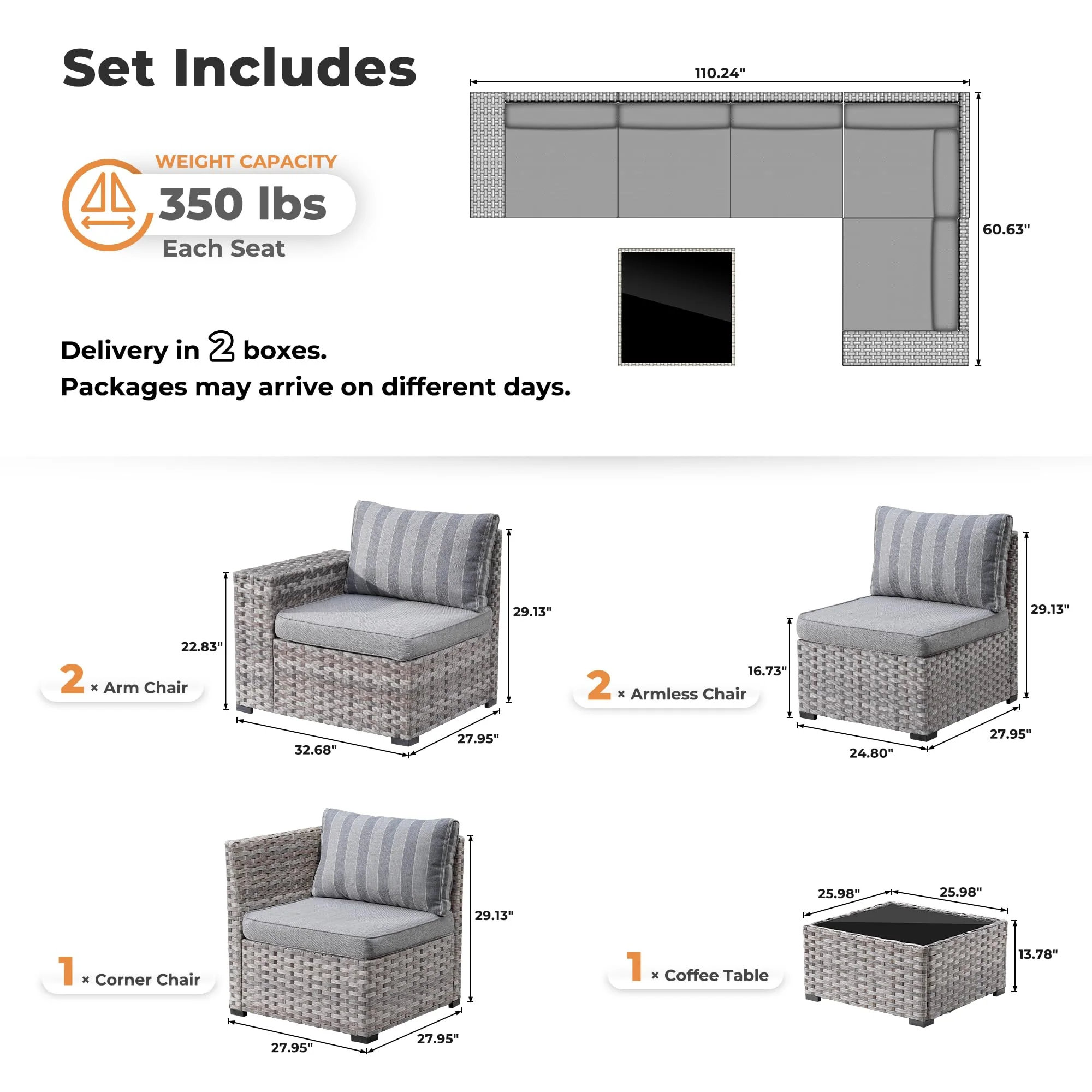 Ovios 6 Pieces Outdoor Sectional Sofa with 7.68'' Broad Handrails