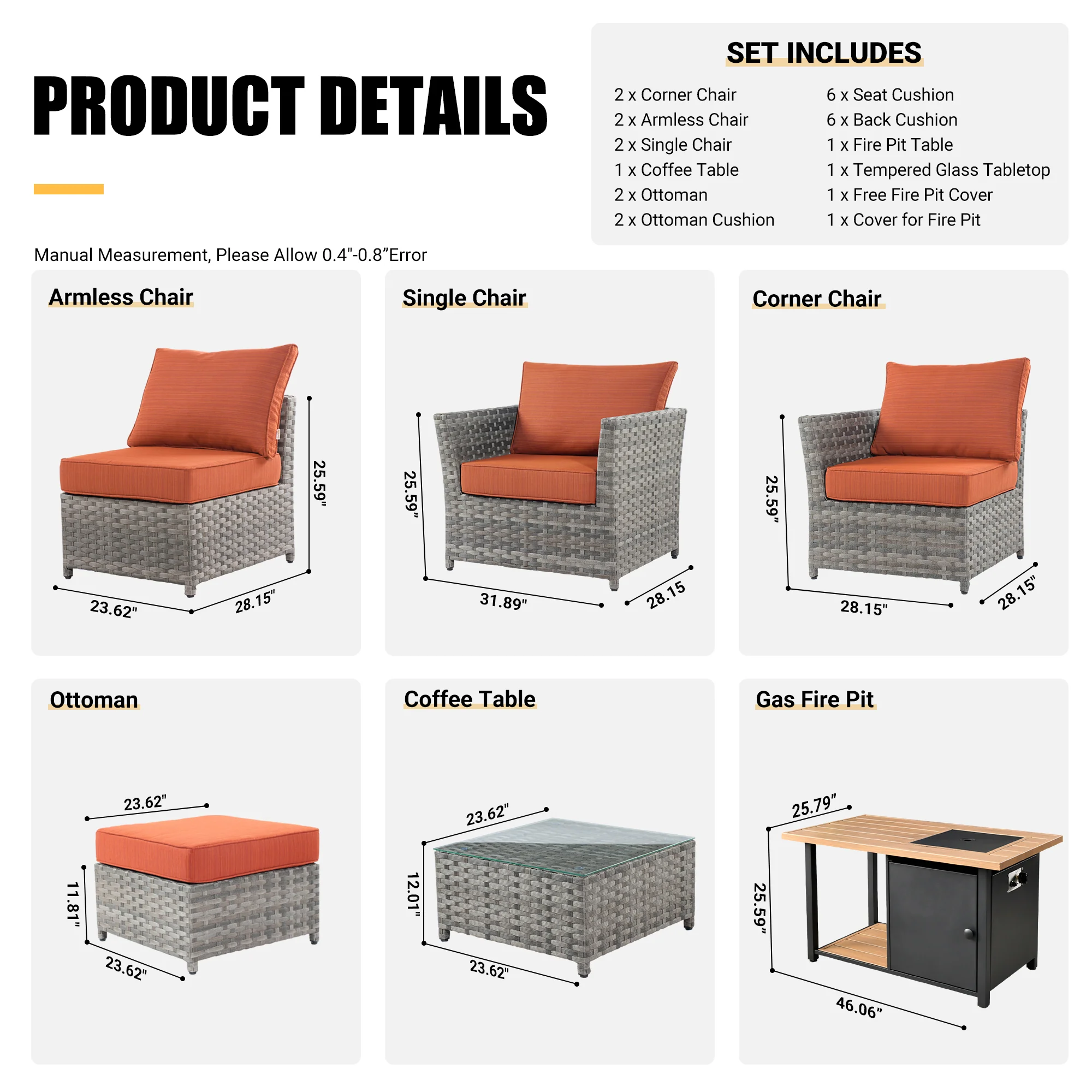 Ovios Patio Furniture Set 10-Piece include 42