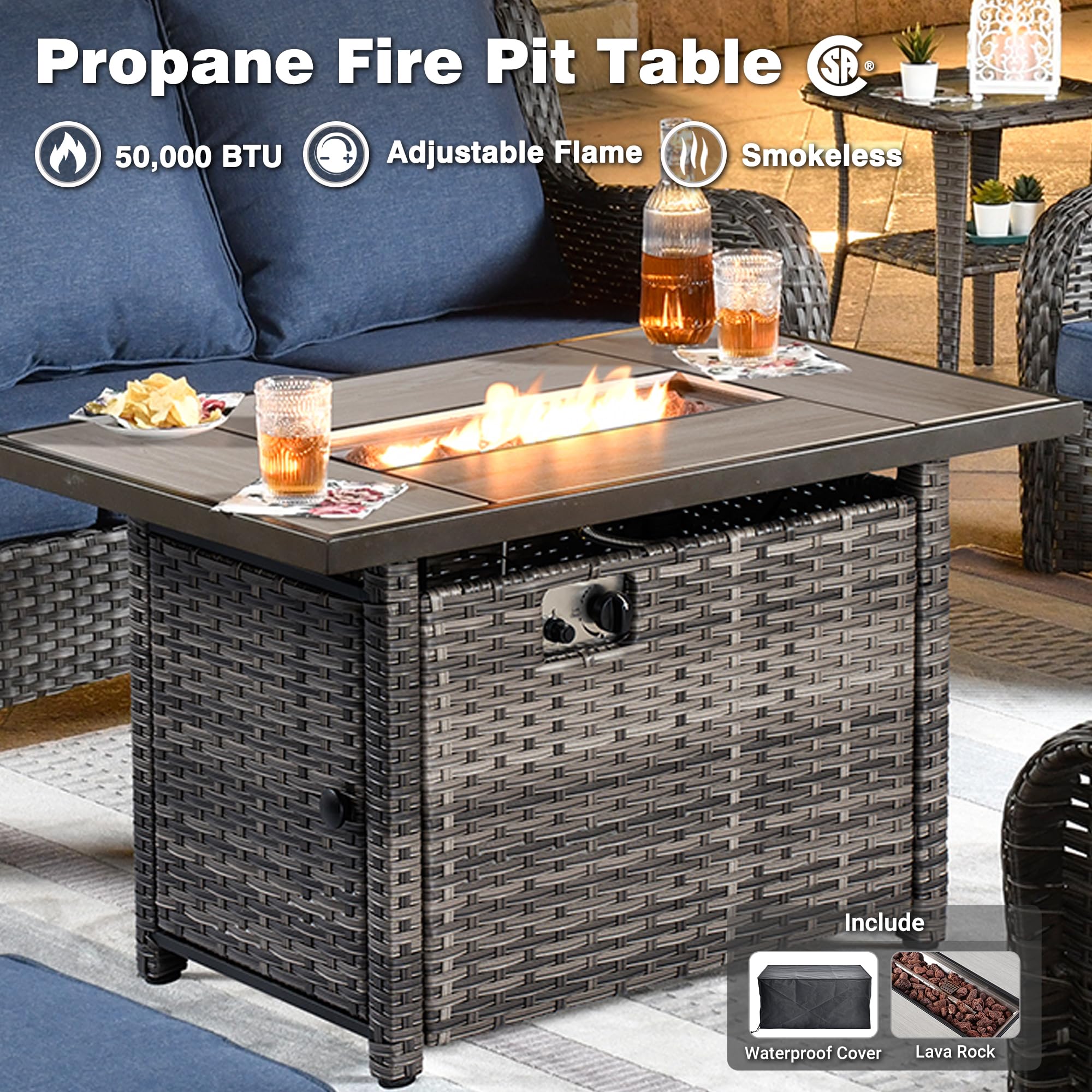 Ovios Patio 6-Piece Conversation Set with 42'' Rectangle Propane Fire Pit Table Kenard