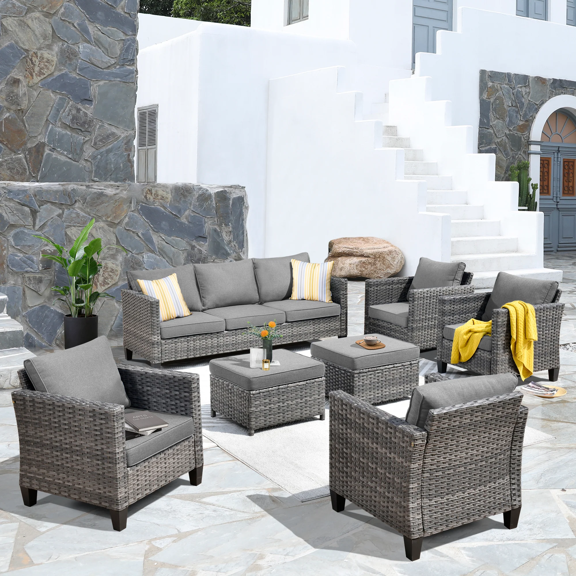 Ovios Patio Furniture Set New Vultros 7-Piece High Back with Cushions