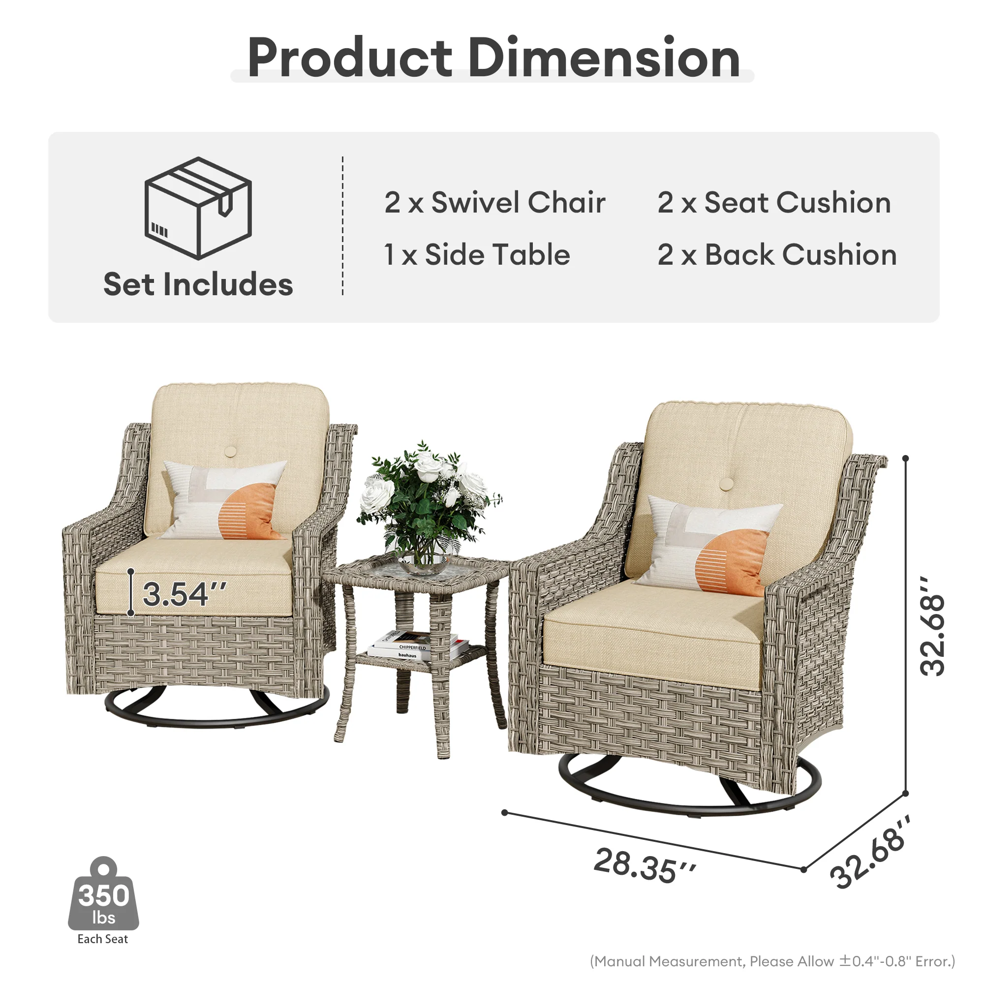 Ovios Conversation Set 3-Piece PAD Series,Swivel Chair