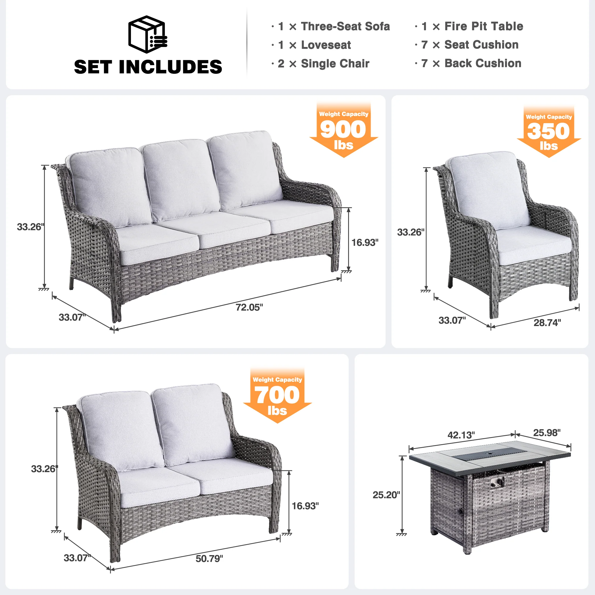 Ovios Patio Kenard 5-Piece Conversation Set with 42'' Fire Pit Table and Loveseat