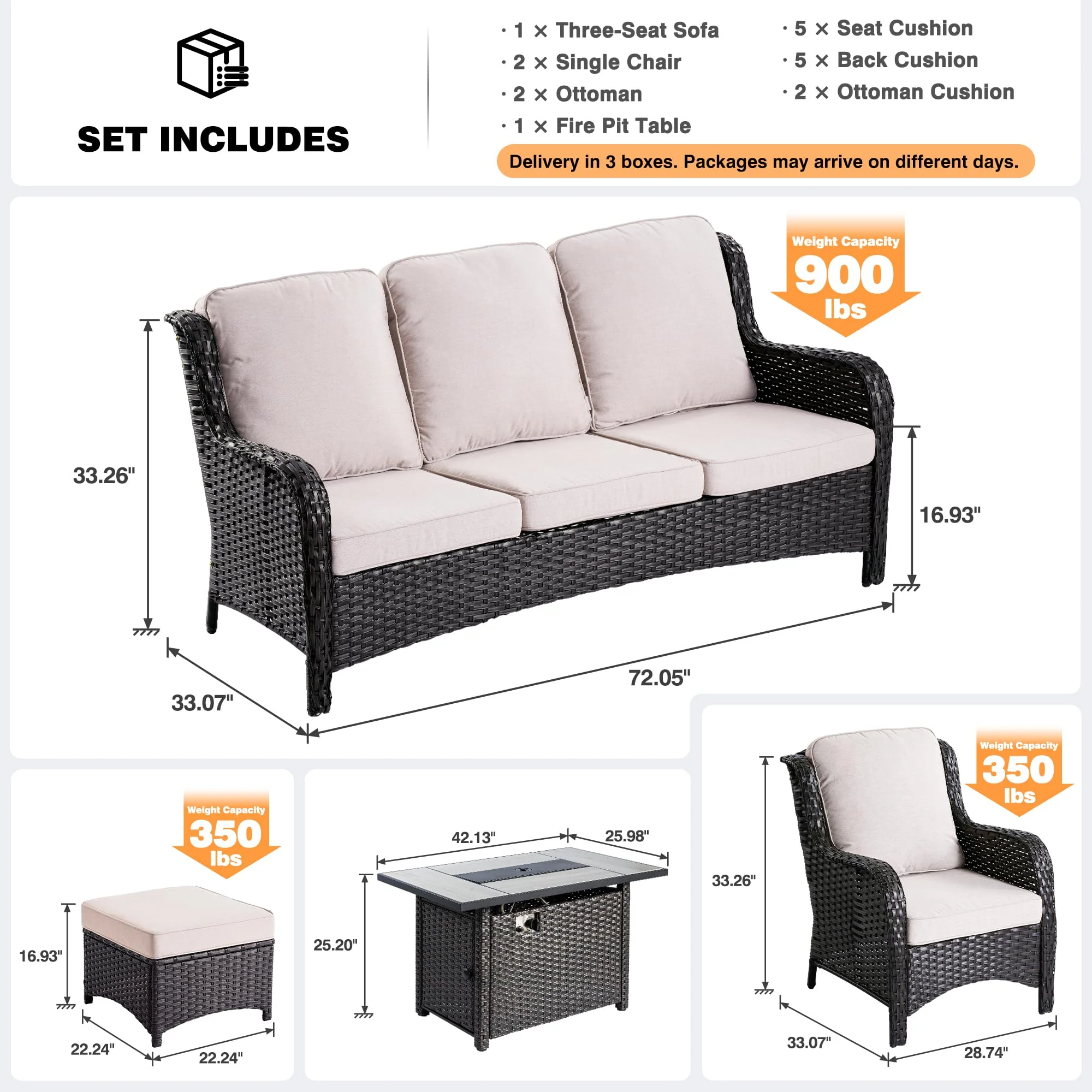 Ovios Patio 6-Piece Conversation Set with 42'' Rectangle Propane Fire Pit Table Kenard