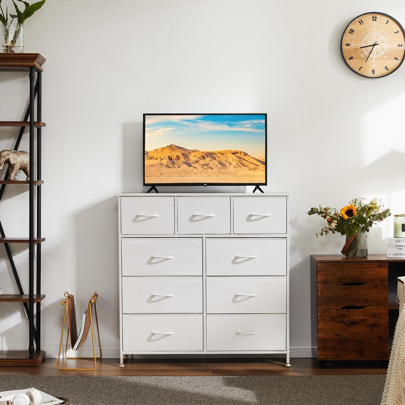 Fabric Storage Tower with 9 Drawers, Bedroom Drawer Dresser Organizer, Chest of Drawers with Fabric Bins, Steel Frame and Wood Top