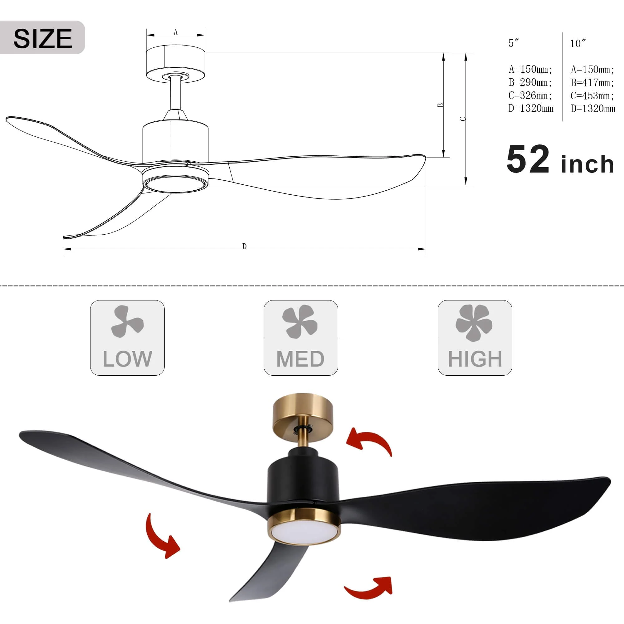 Ovios 52'' Ceiling Fan Reversible 3 Blades with Remote Control Lights, DC Motor