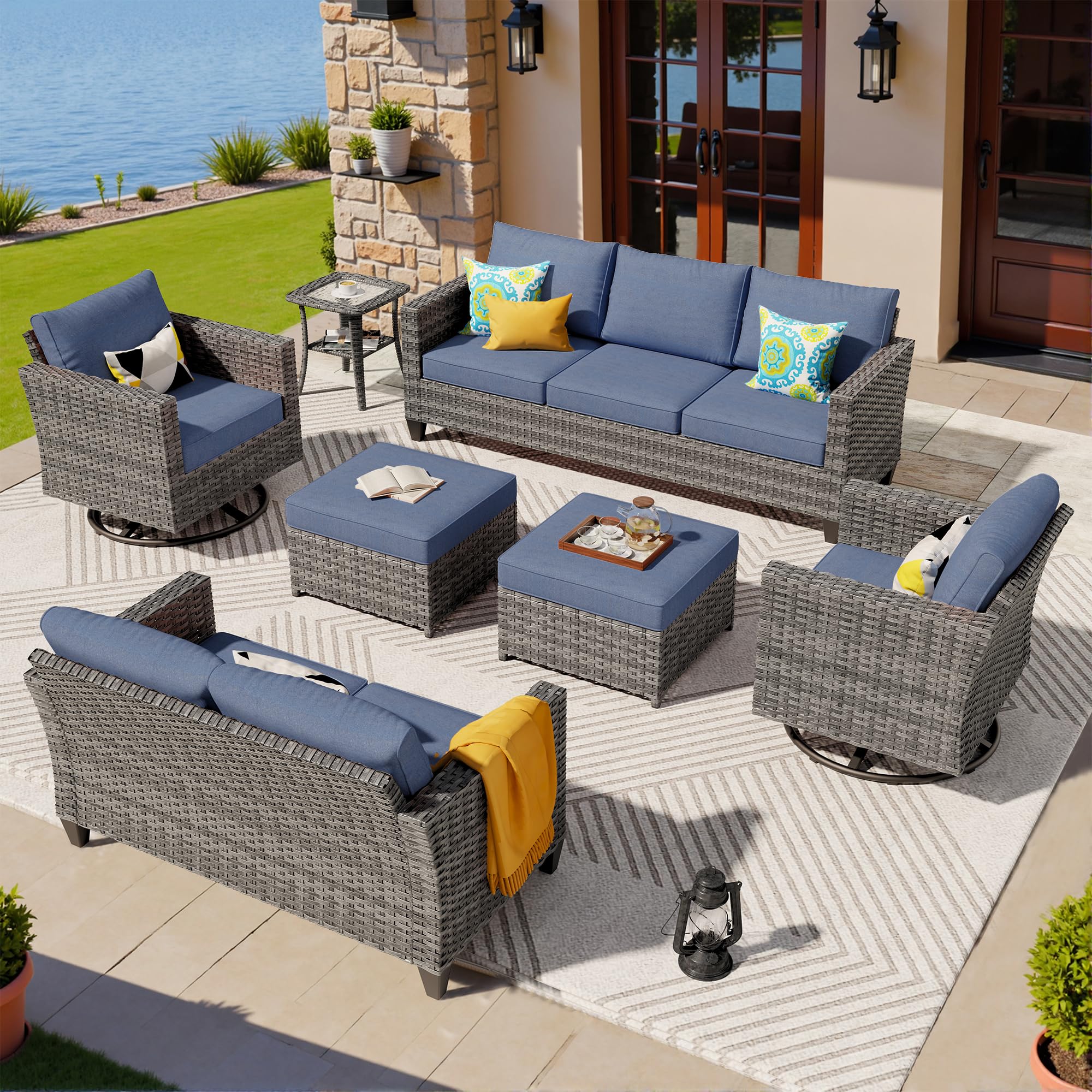 Ovios 7 Pieces Patio Furniture Set, Outdoor Wicker Sofa with Rocking Swivel Chairs