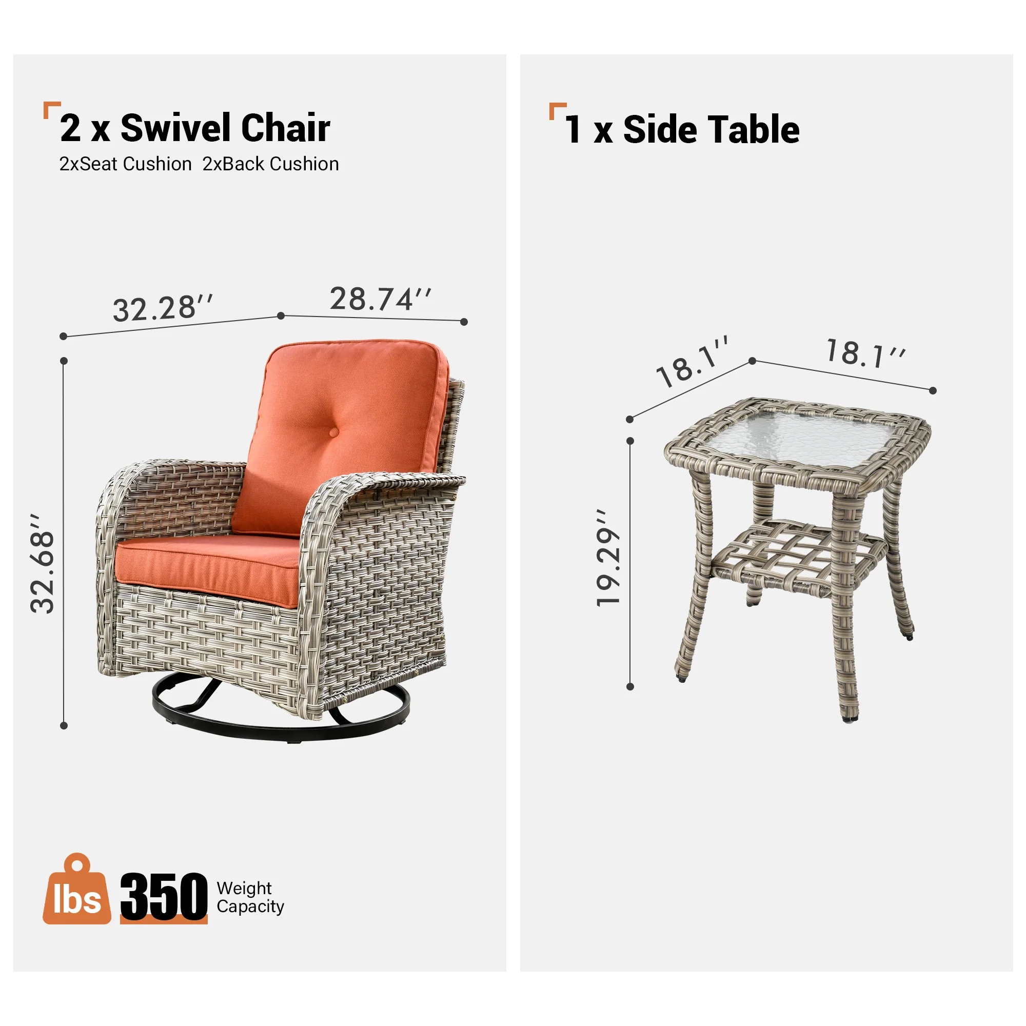 Ovios VNC Series Patio Swivel Chair 3-Piece Set