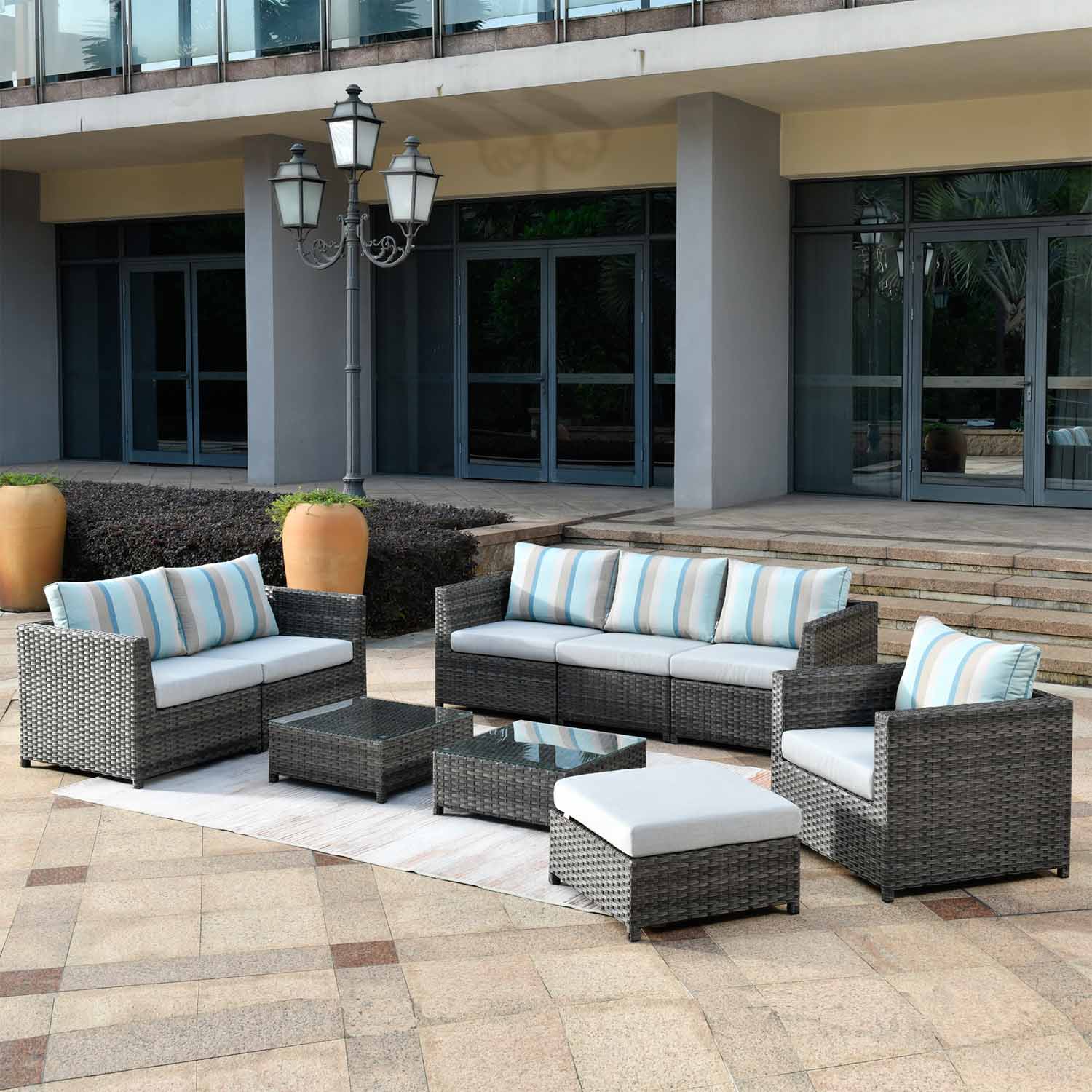 Ovios Patio Conversation 9-Piece Bigger Size Set with Grey Sunbrella, King Series, Fully Assembled