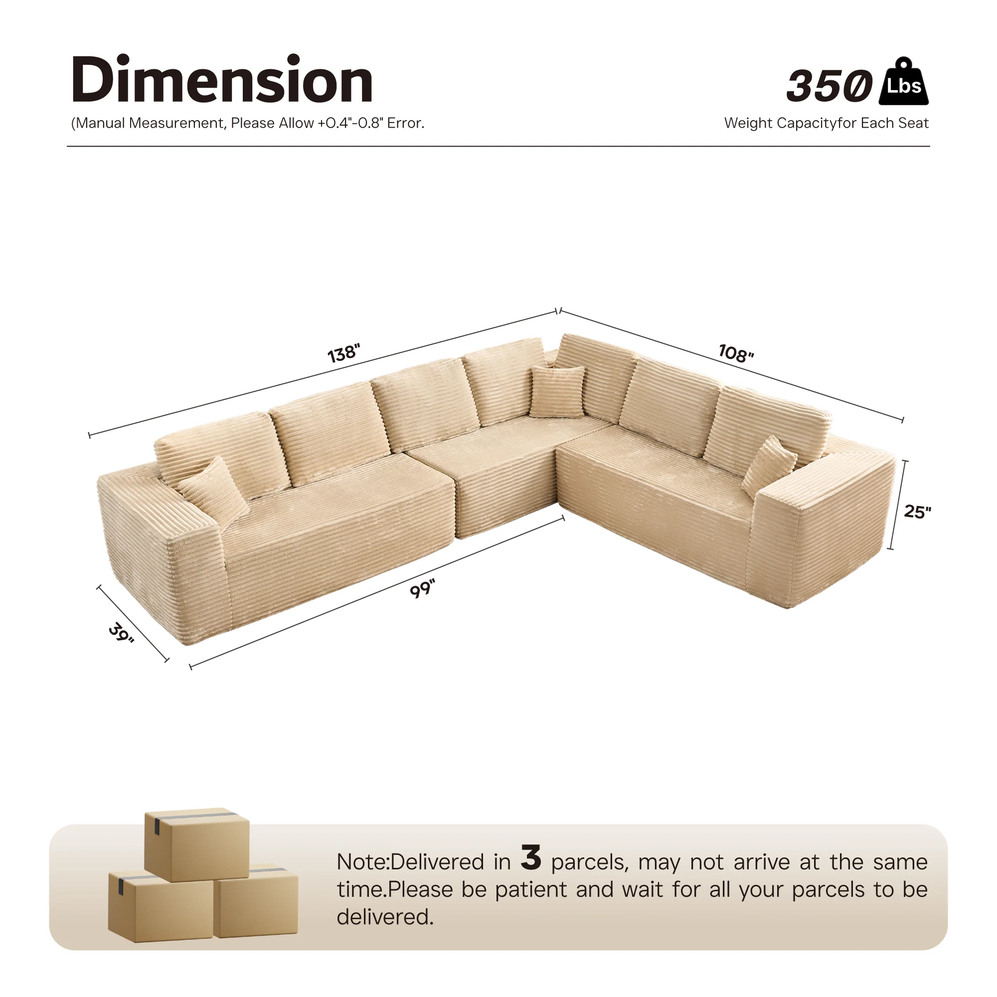 Ovios L-Shaped Cloud Sectional Sofa with Chaise - Plush Corduroy, Memory Foam & No Assembly