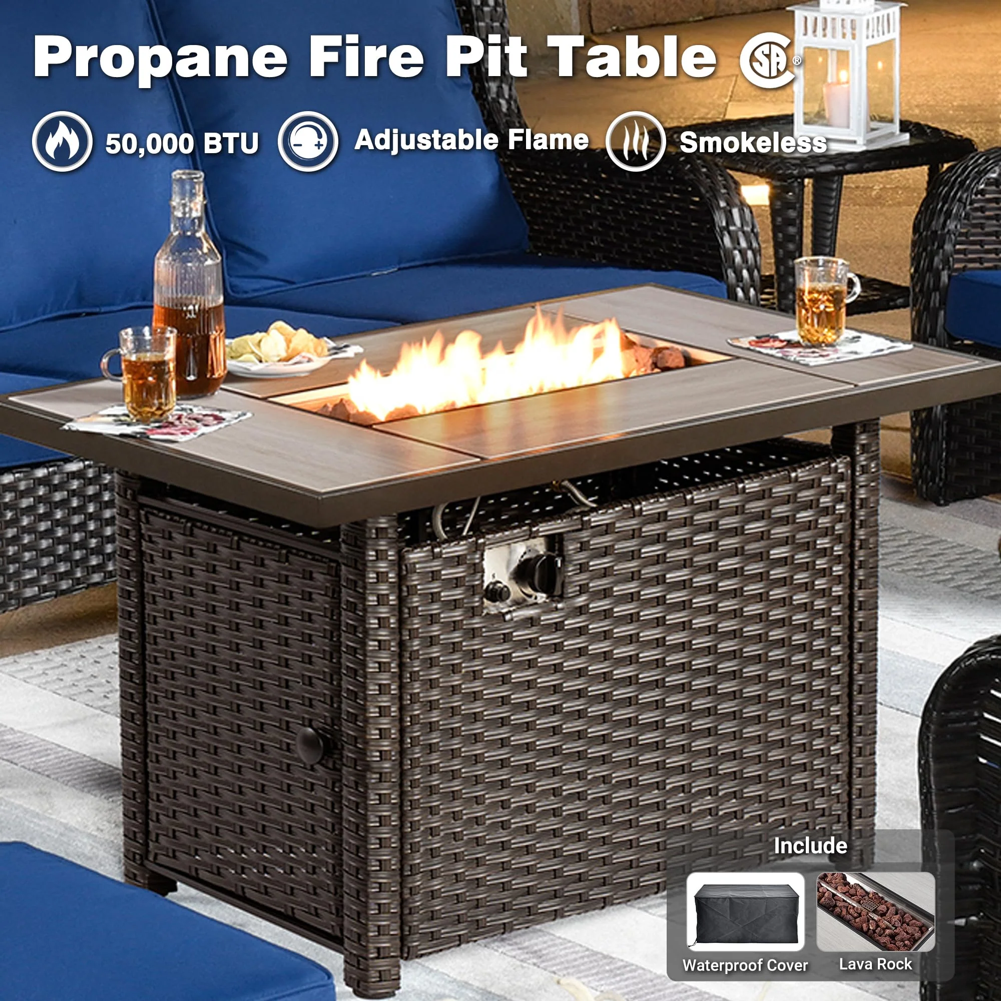 Ovios Patio 6-Piece Conversation Set with 42'' Rectangle Propane Fire Pit Table Kenard