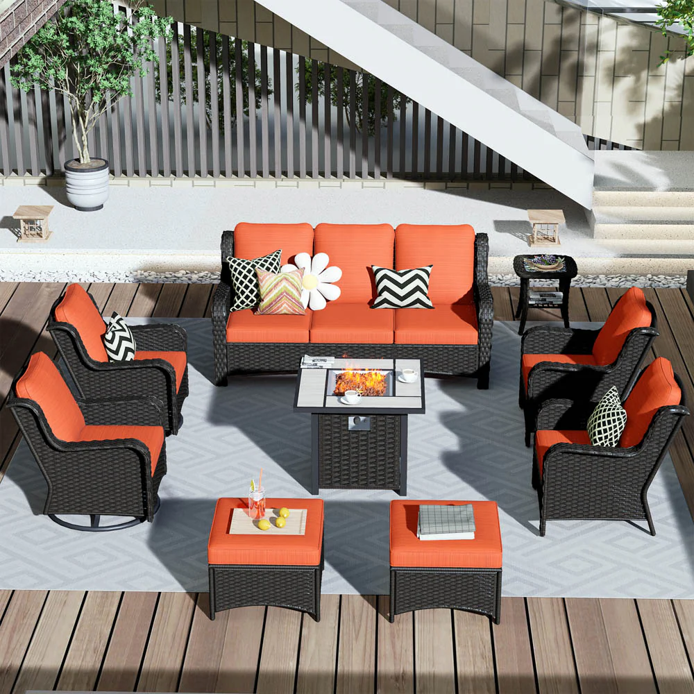 Ovios Outdoor Furniture 9-Piece with 30'' Fire Pit Table and Kenard 2 Rocking Chairs