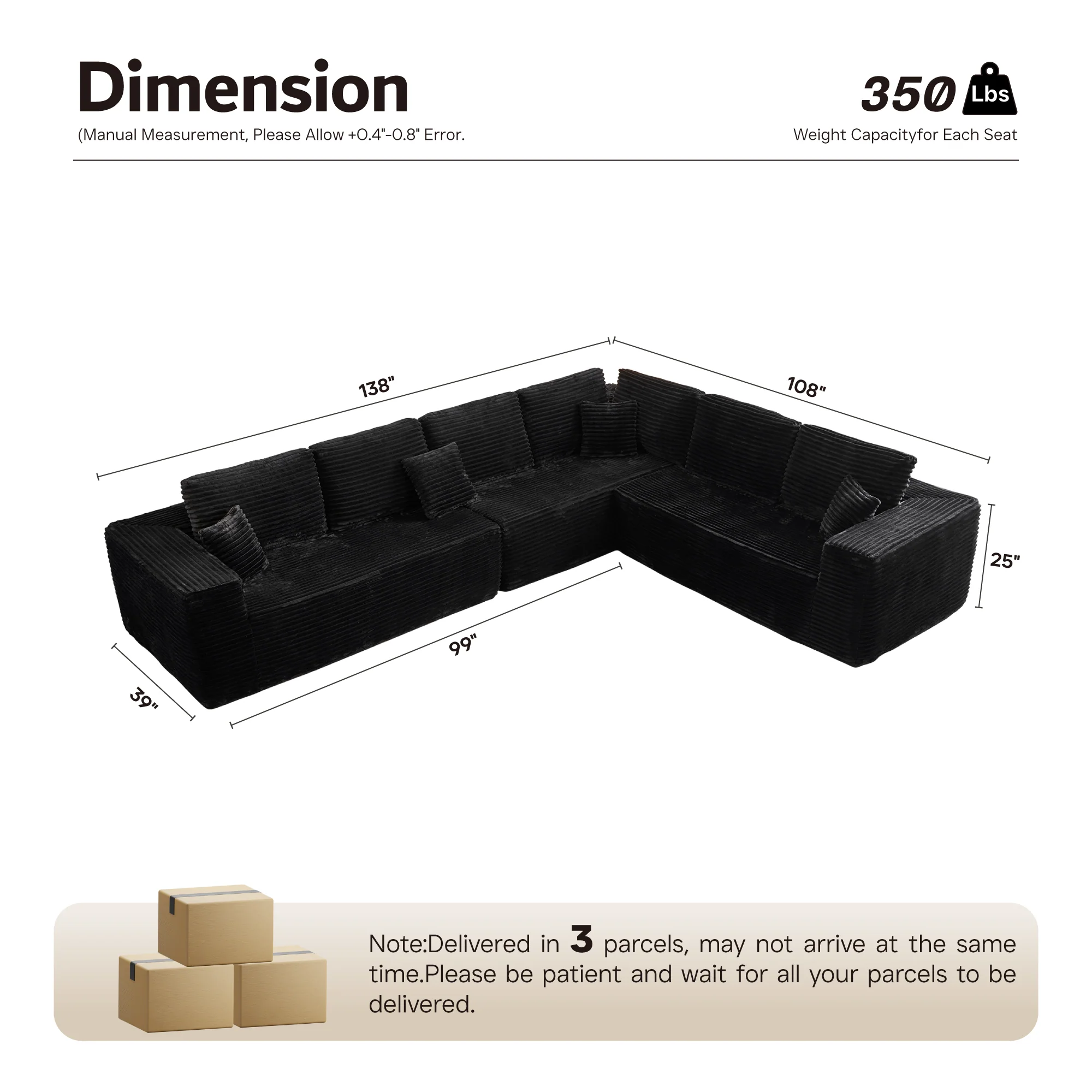 Ovios L-Shaped Cloud Sectional Sofa with Chaise - Plush Corduroy, Memory Foam & No Assembly