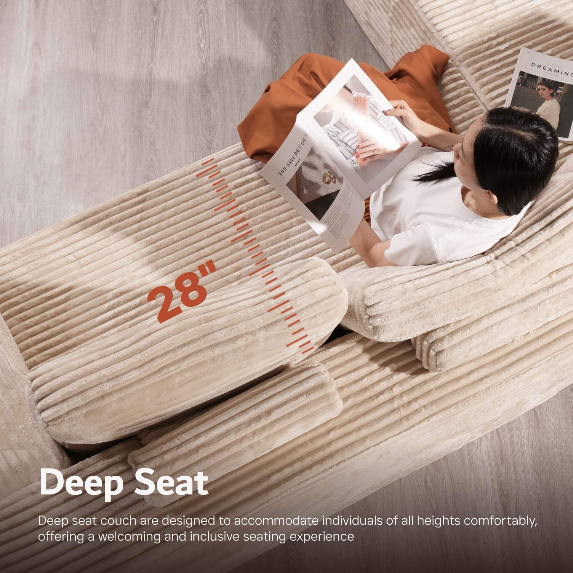 Ovios sectional cloud couch, living room U-shaped sofa, plush corduroy, memory foam, no assembly required.