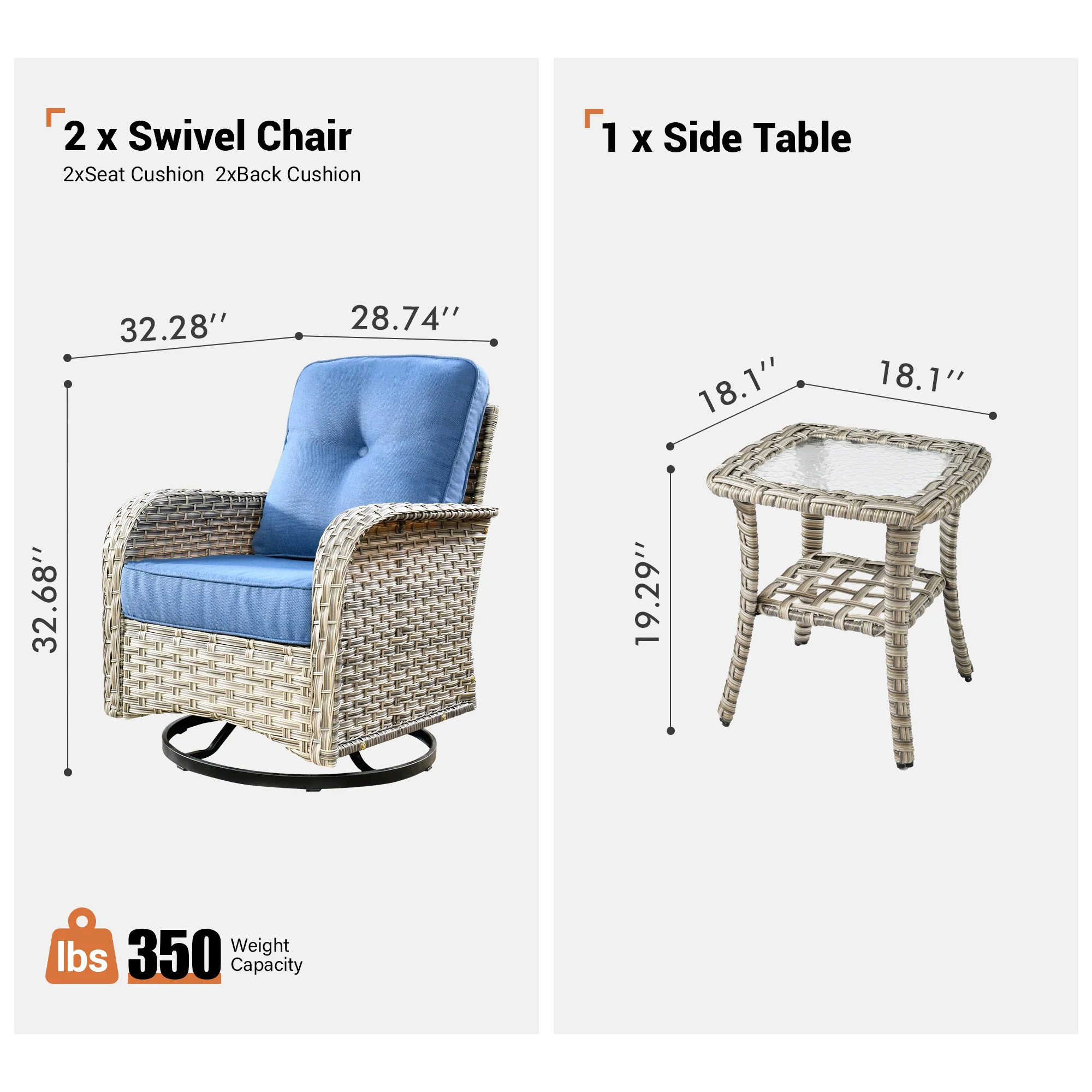 Ovios VNC Series Patio Swivel Chair 3-Piece Set