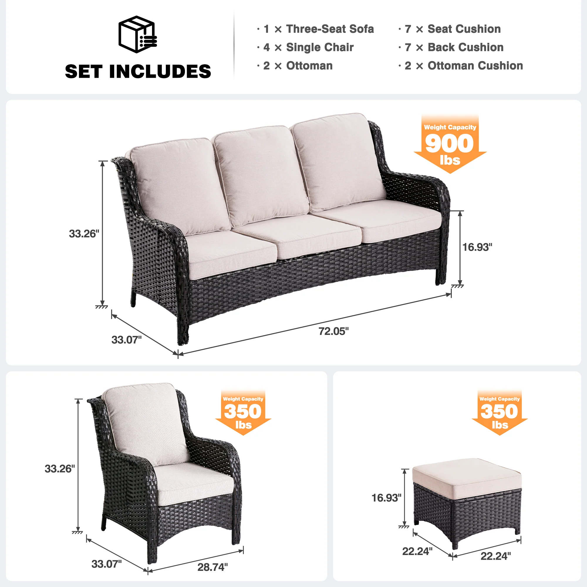 Ovios Patio Furniture Set 7-Piece With Cushions Kenard Curved Handrest