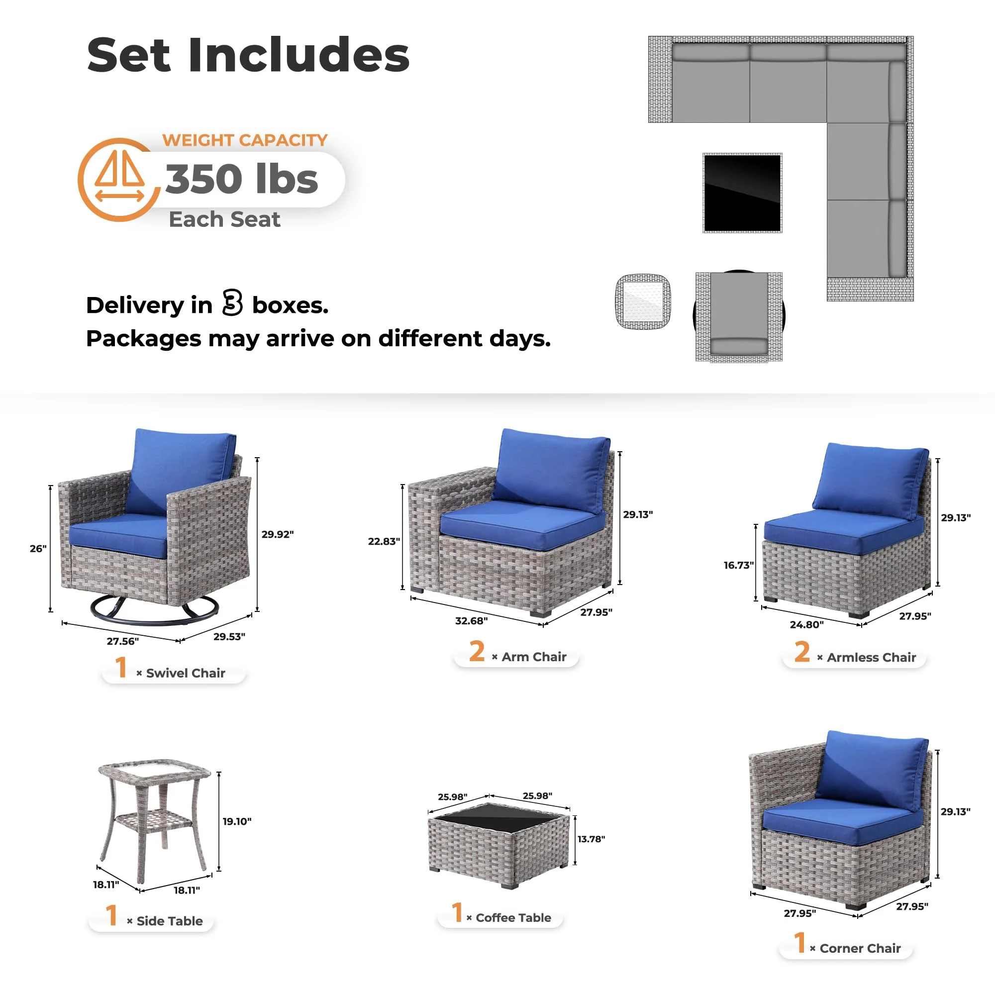 Ovios 8 Pieces Patio Furniture Set, Outdoor Sectional Sofa with Swivel Rocking Chair