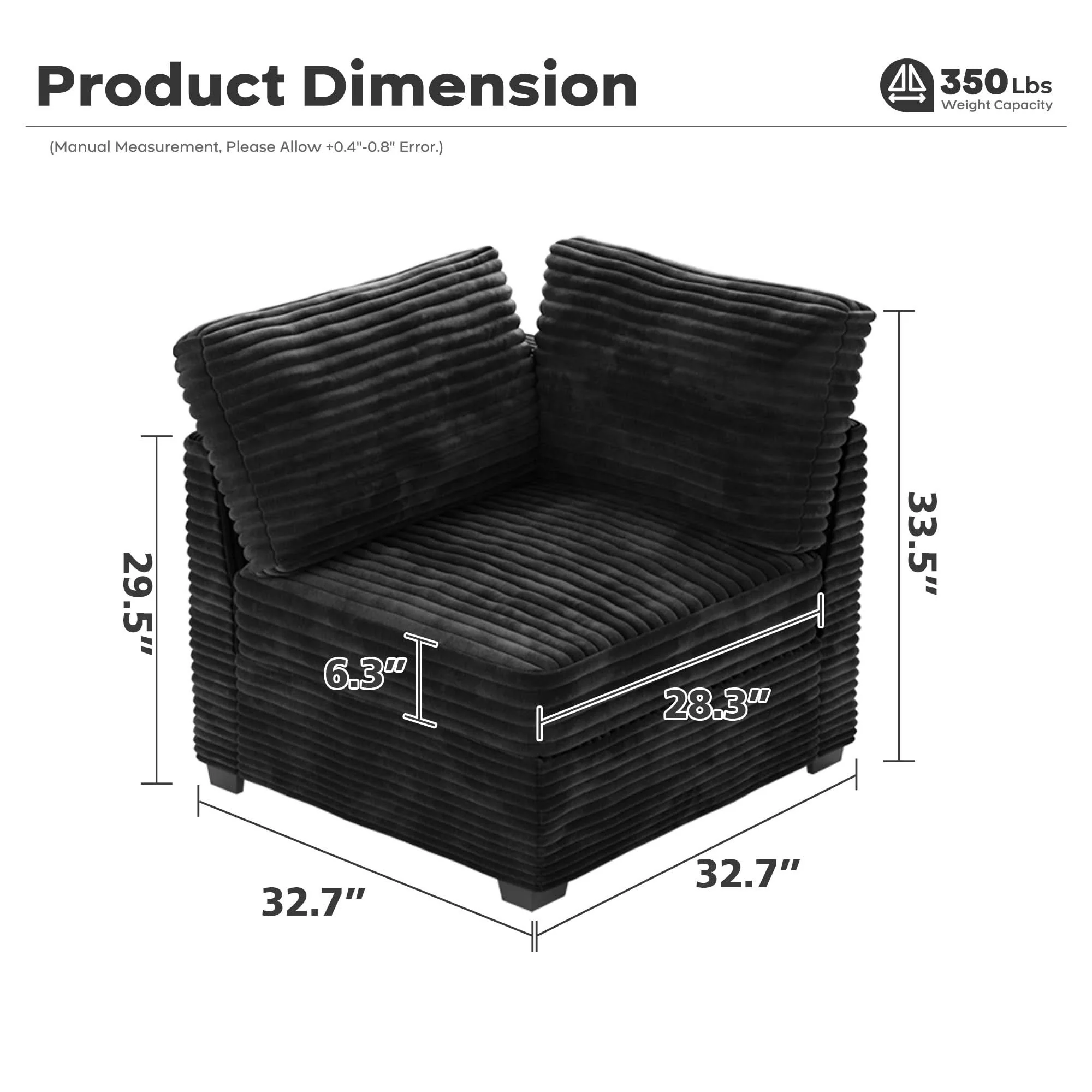 Ovios Living Room Modular Couch Corner Chair, 1 Wale Plush Corduroy Fabric