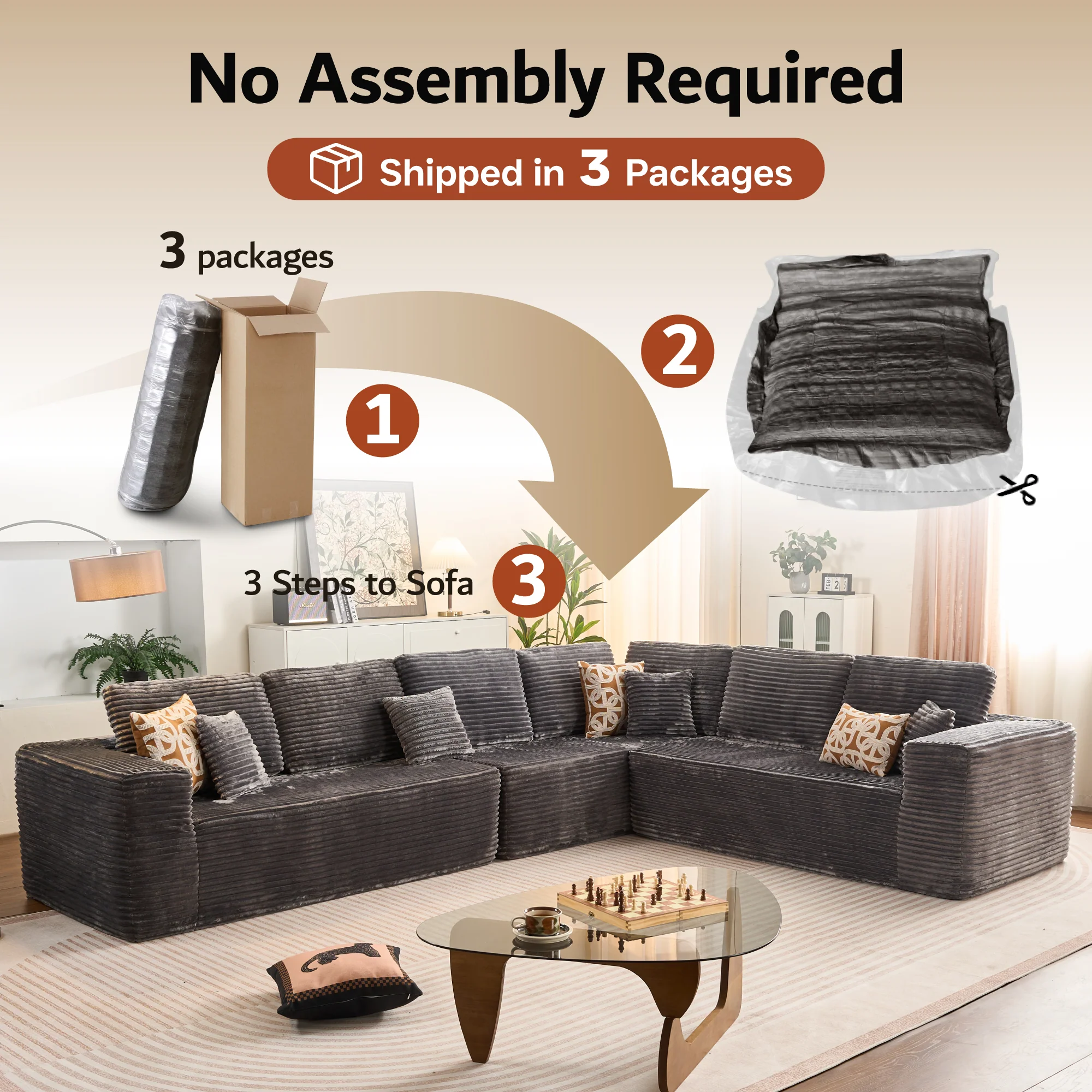 Ovios L-Shaped Cloud Sectional Sofa with Chaise - Plush Corduroy, Memory Foam & No Assembly