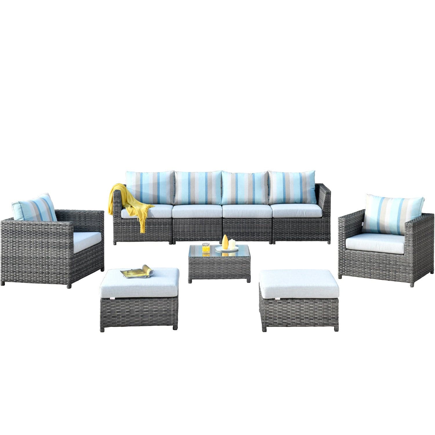 Ovios Outdoor Furniture Bigger Size 9-Piece with Grey Sunbrella, Fully Assembled, King Series, with 2 Chairs