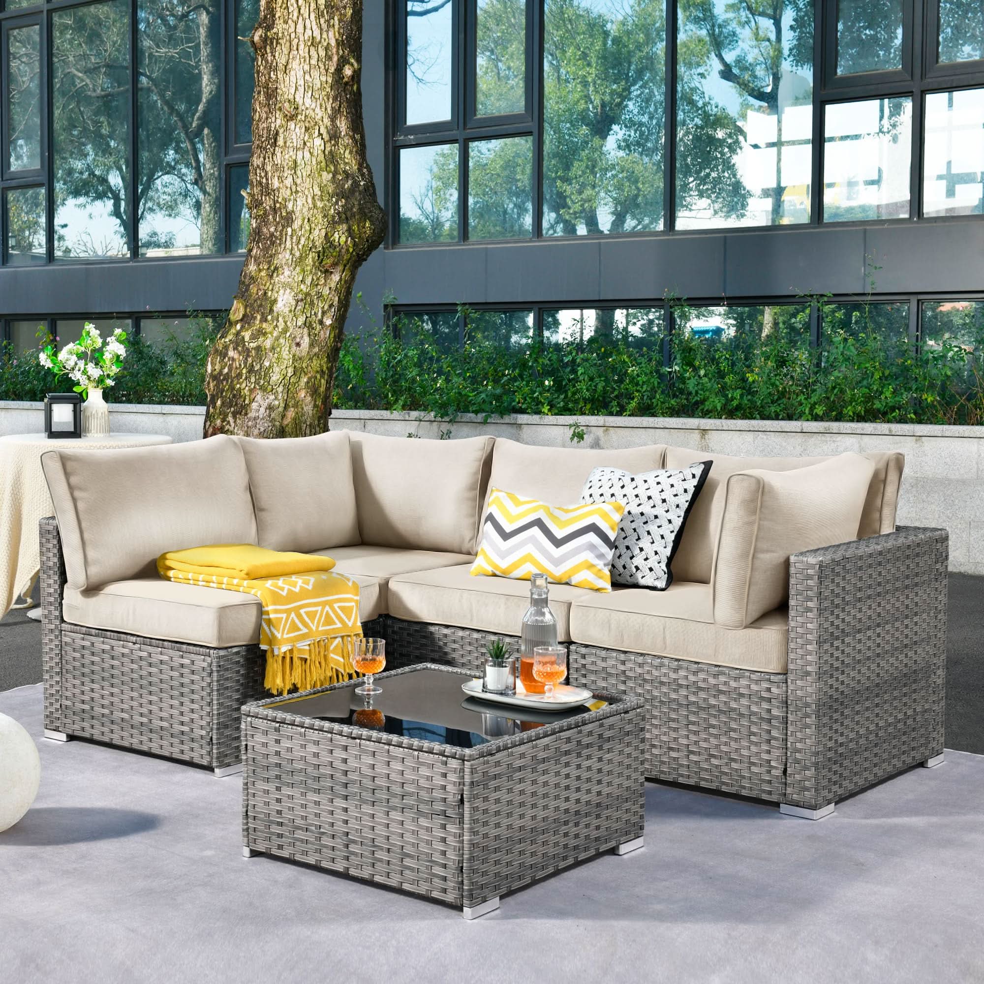 Ovios Outdoor 5 Piece Coversation Set with Coffee Table,Sectional Patio Furniture Set with All-Weather Wicker Sofa