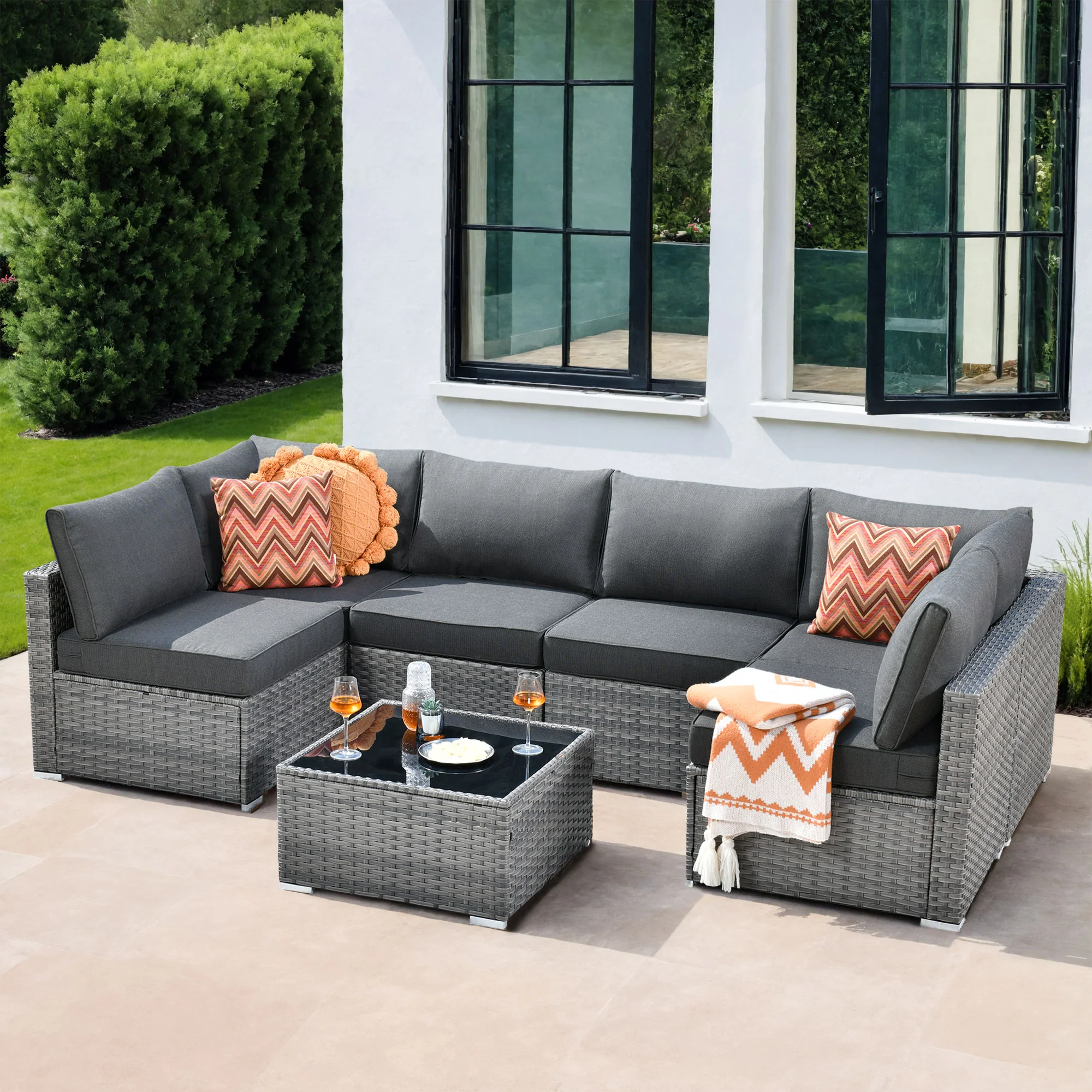 Ovios Outdoor Sectional Furniture 7-Piece with Cushions and Table