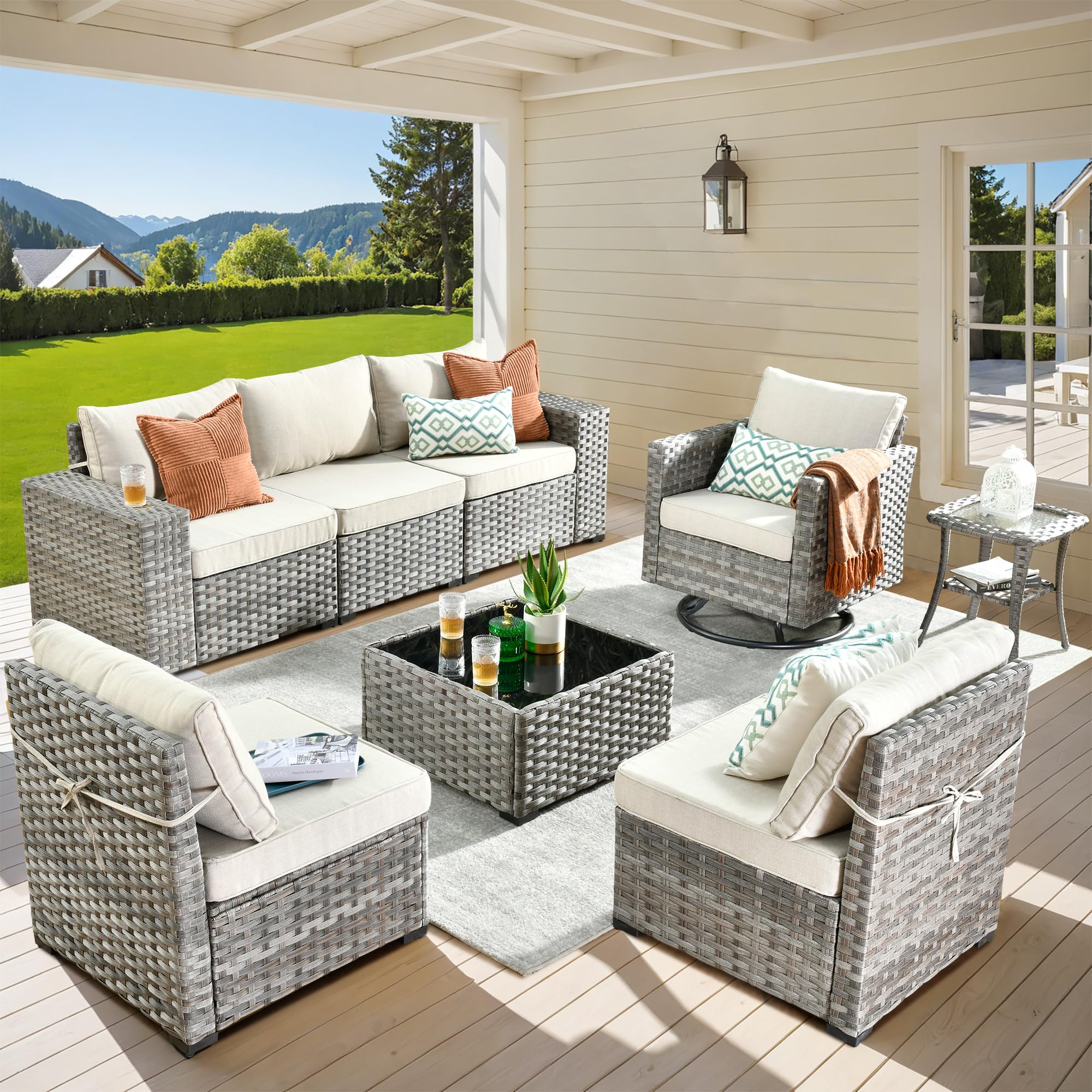 Ovios 8 Pieces Patio Furniture Set, Outdoor Sectional Sofa with Swivel Rocking Chair