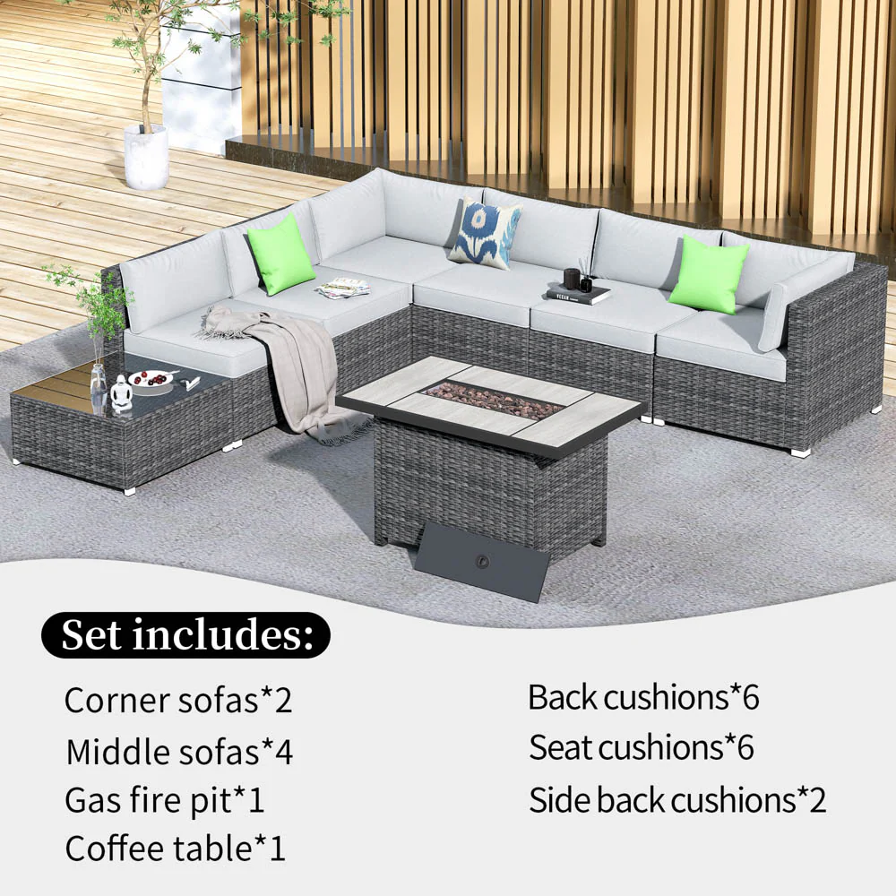 Ovios Patio Furniture Set 8-Piece with All Weather Rattan Wicker Sofa and 42.12'' Fire Pit
