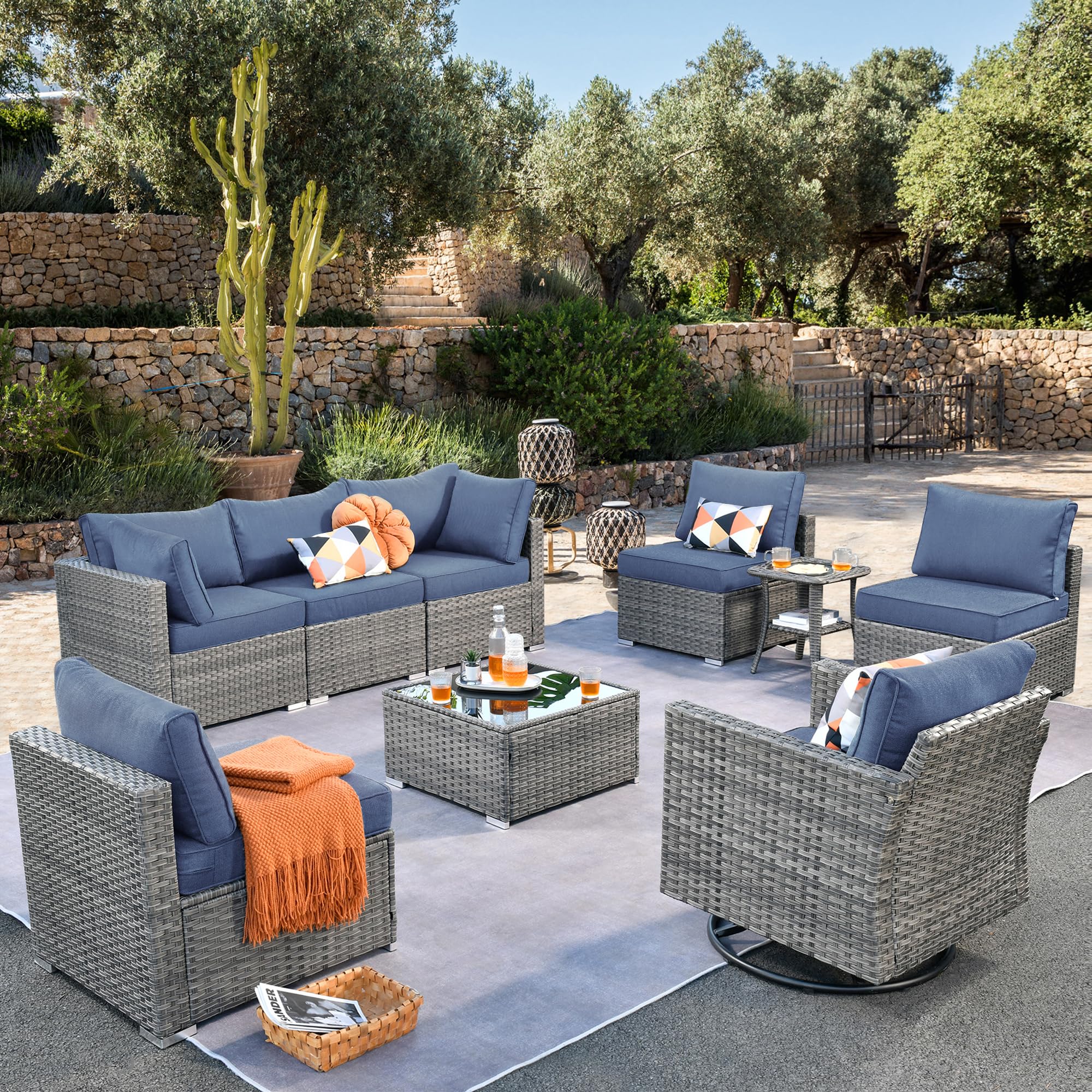 Ovios Outdoor 9 Piece Coversation Set with Swivel Rocking Chair,Sectional Patio Furniture Set with All-Weather Wicker Sofa