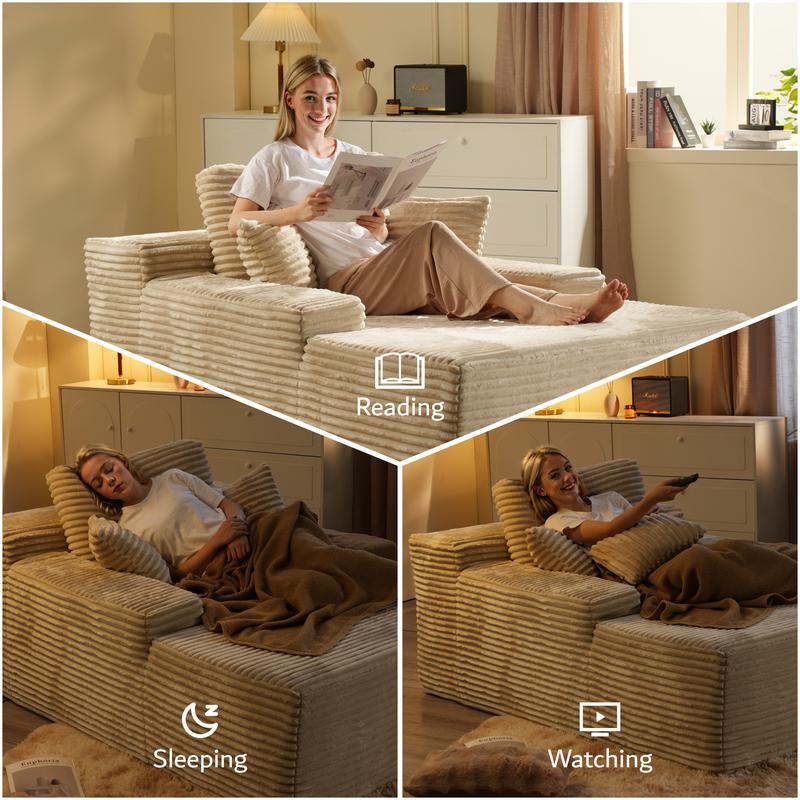 Ovios 49'' Boneless Chaise Lounge, Upholstered Sofa Bed with Throw Pillows and Armrests, Indoor Sleeper Chair- Luxurious Plush Corduroy Chair Bed for Living Room - No Assembly Required