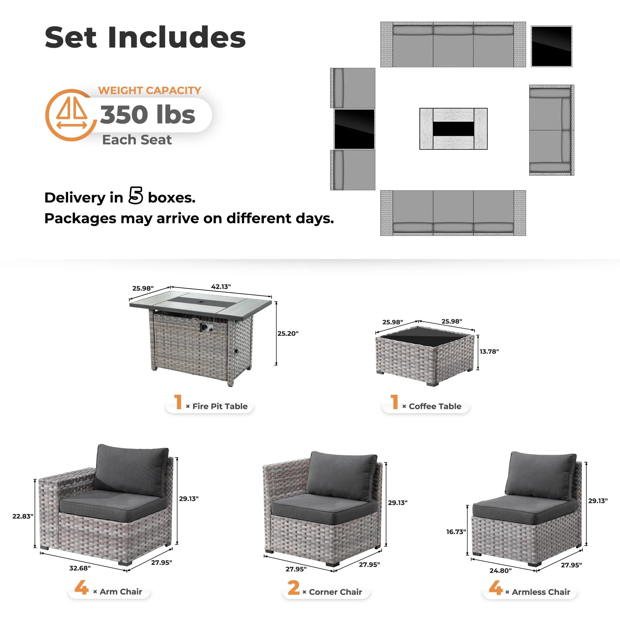 Ovios 13 Pieces Outdoor Furniture with 7.68'' Broad Handrails and Rectangle 42.12'' Fire Pit Table