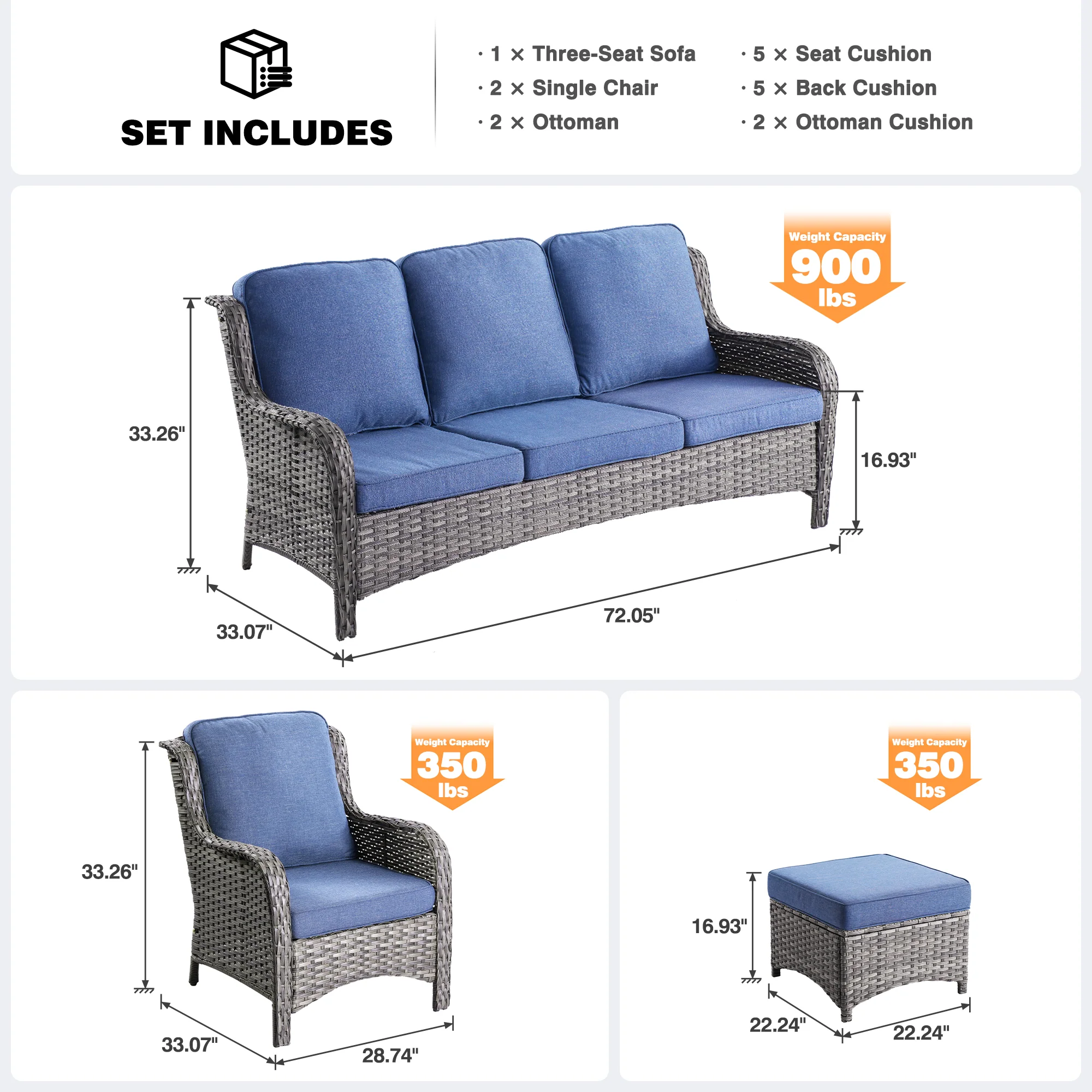 Ovios Patio Conversation Set 5-Piece with Cushions Kenard Curved Handrest