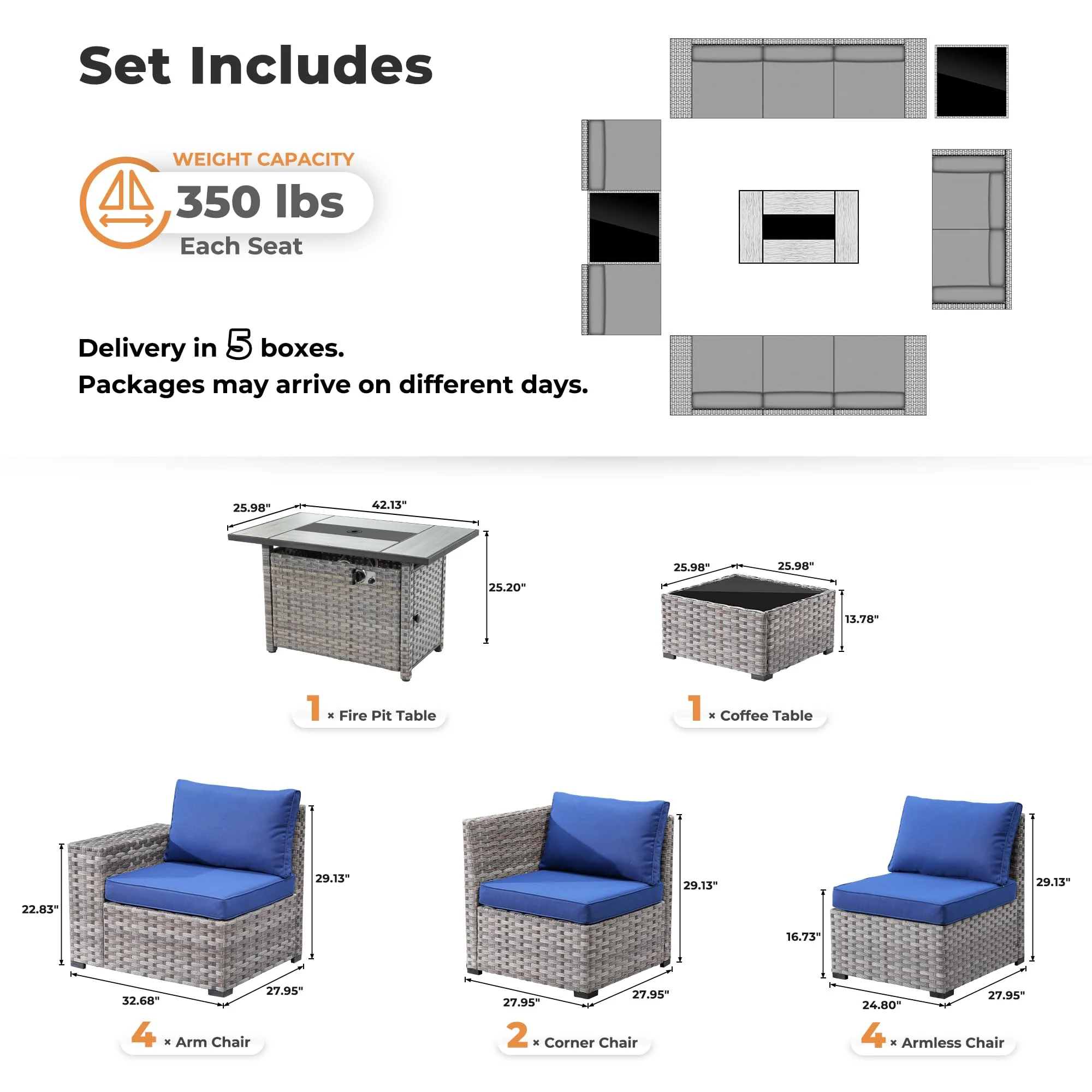 Ovios 13 Pieces Outdoor Furniture with 7.68'' Broad Handrails and Rectangle 42.12'' Fire Pit Table