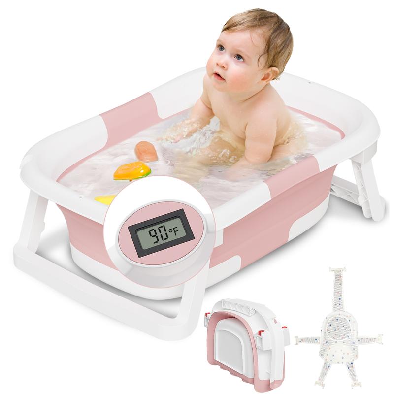 Napei Collapsible Baby Bathtub with Real-Time Temp Monitor, Floating Cushion, Foldable Baby Bath Tub Set for Newborns & Toddlers