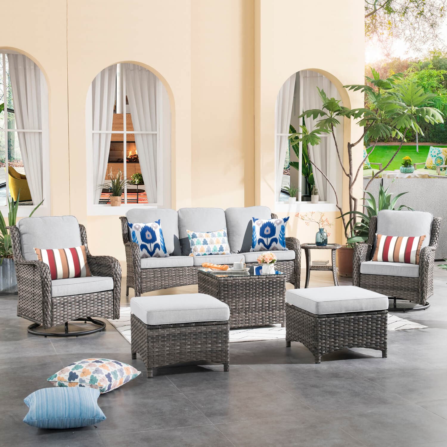 Ovios Patio Conversation Set 7-Piece with Swivel Chairs and Table Kenard