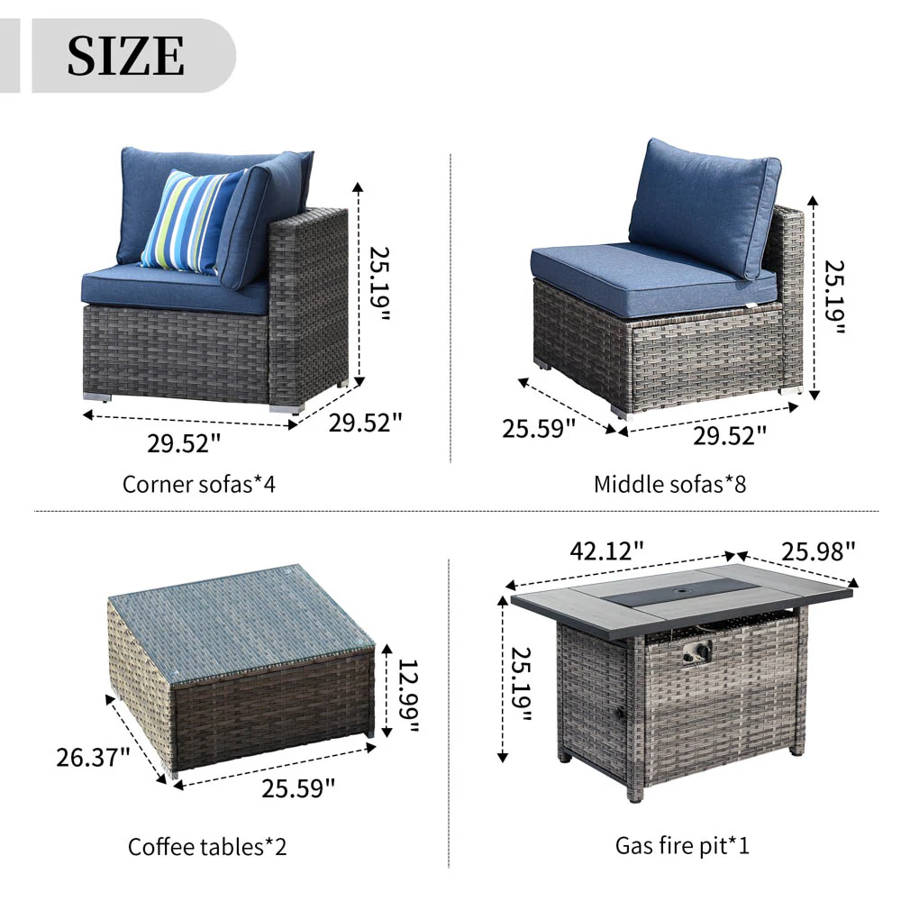 Ovios Patio Furniture Set 15-Piece with 42.12'' Fire Pit and Glass Table