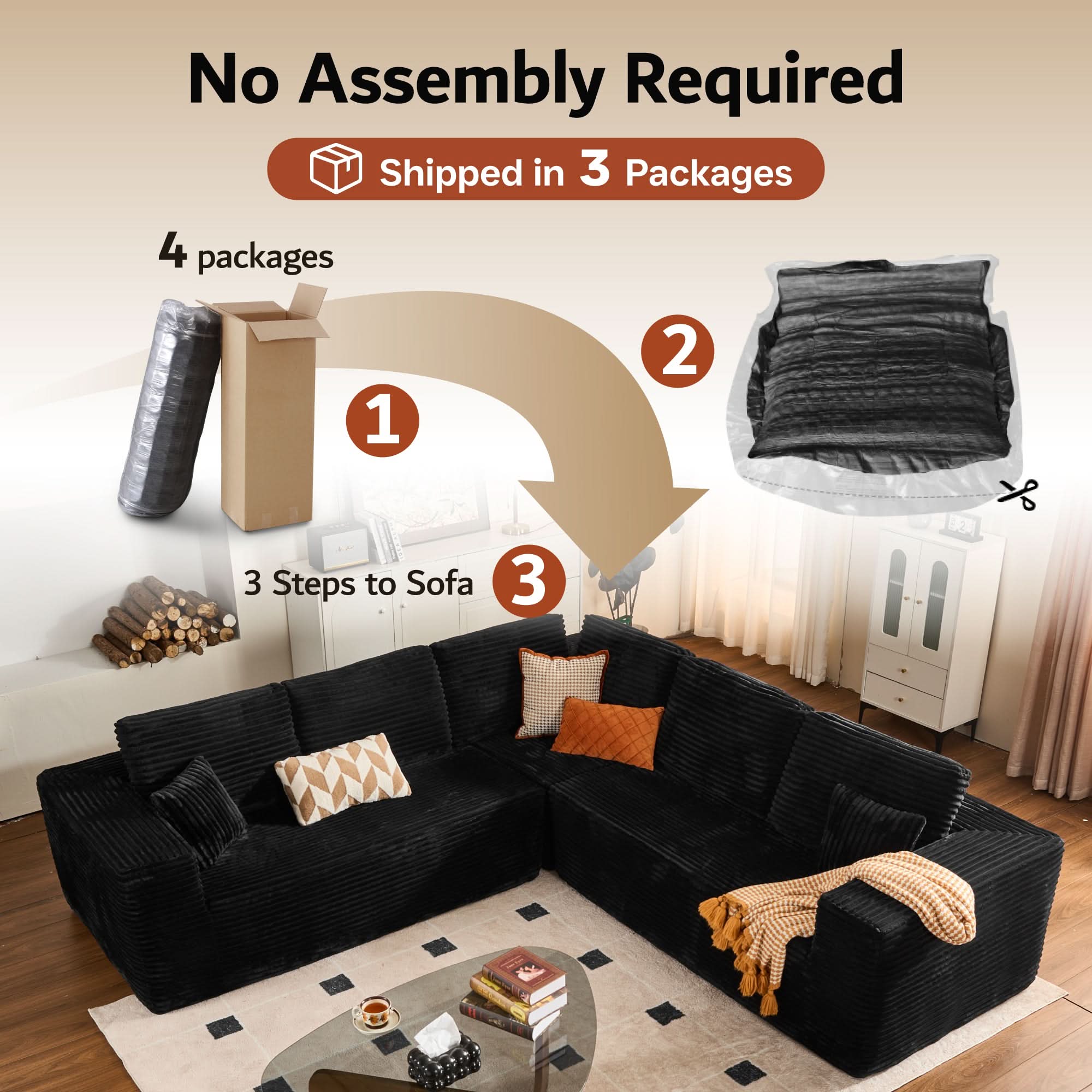 Ovios Modular Cloud Sofa with Memory Foam, L-Shaped Chaise & Corduroy Upholstery - No Assembly Required