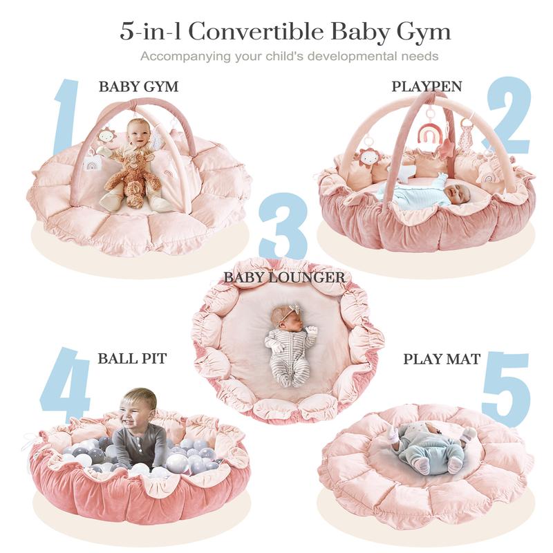 MALLIFY 5-in-1 Thick & Plush Play Gym, Tummy Time Play Mat with 6 Toys, Cat Bed, Dog Bed, Cloudico, 19.29 x 45.28 x 45.28 Inches Tummy Time Comfortable Nursery Development Easy Assembly Mat