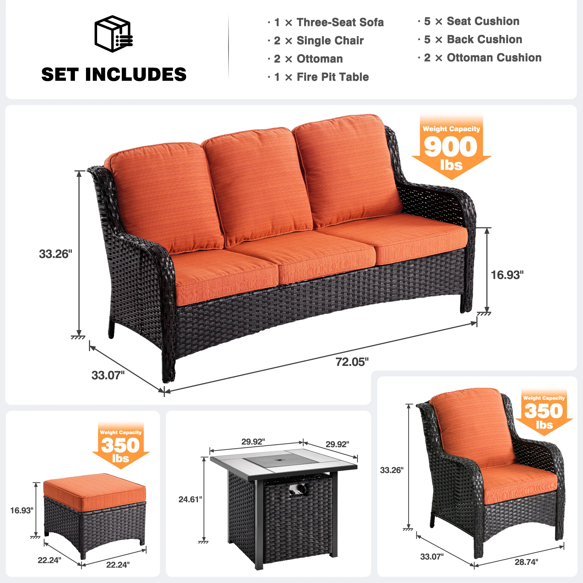 Ovios Patio Conversation Set 6-Piece with 30' Fire Pit Table and Kenard Set