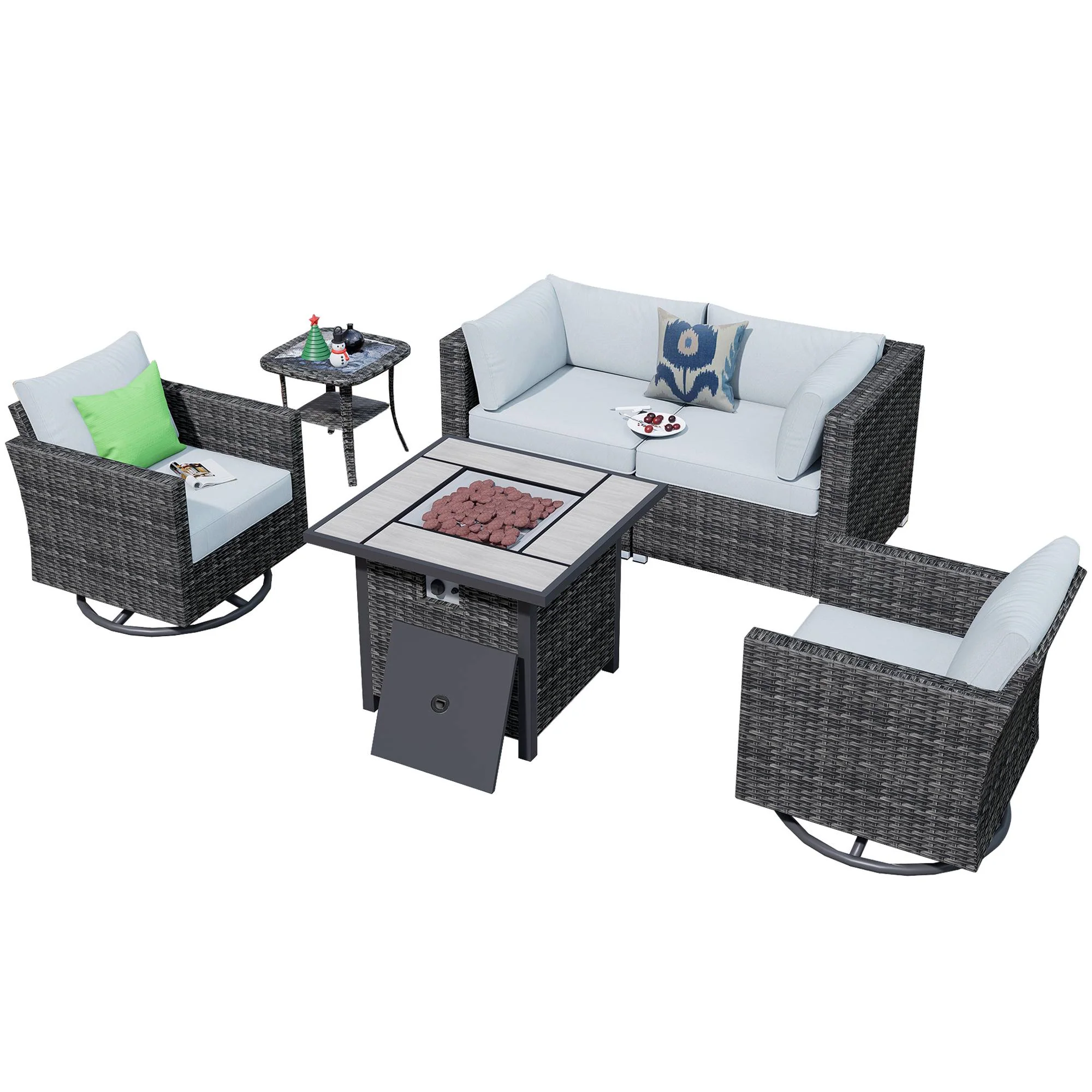 Ovios Outdoor Sectional Furniture 6-Piece with Rocking Chair and 30'' Fire Pit Table