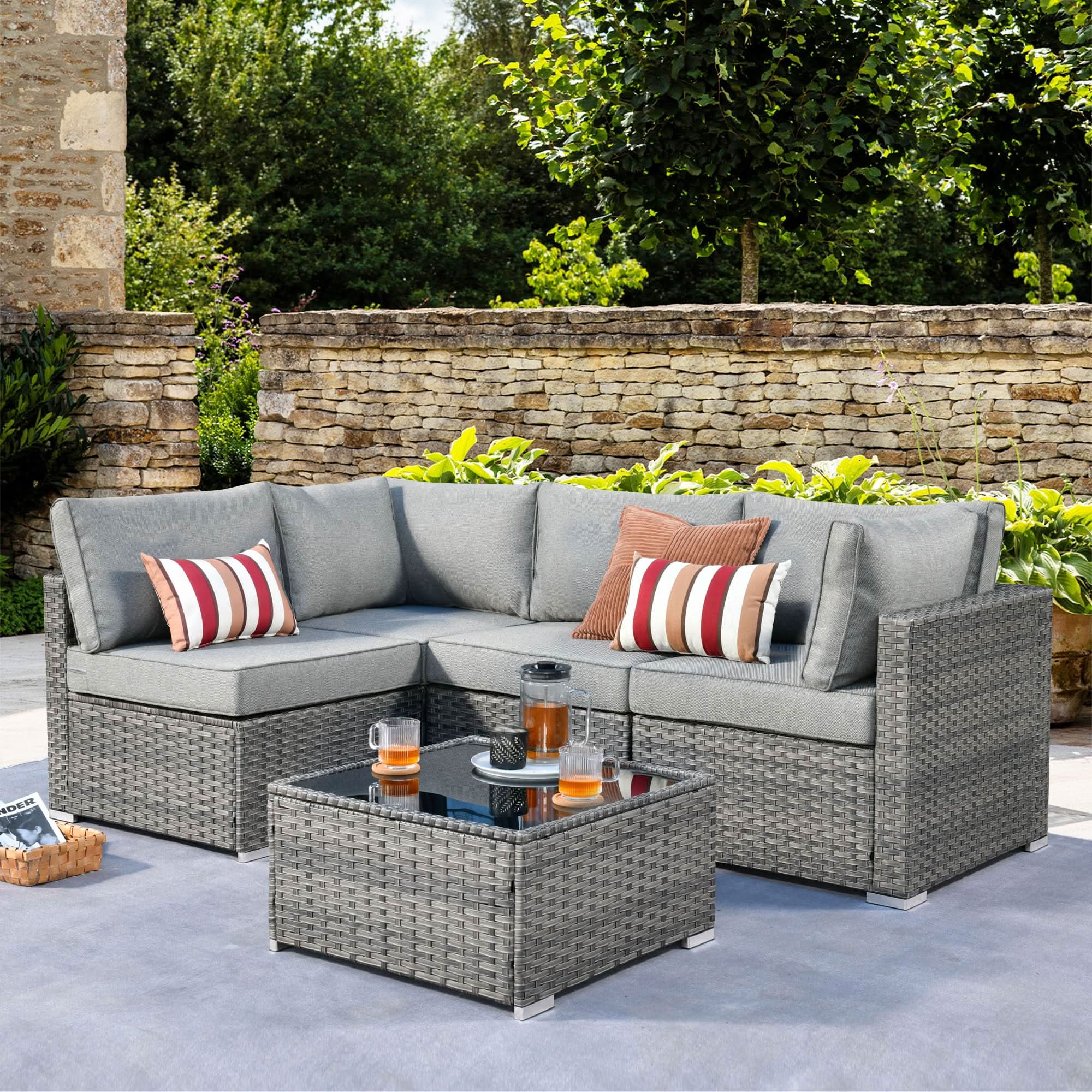Ovios Outdoor 5 Piece Coversation Set with Coffee Table,Sectional Patio Furniture Set with All-Weather Wicker Sofa