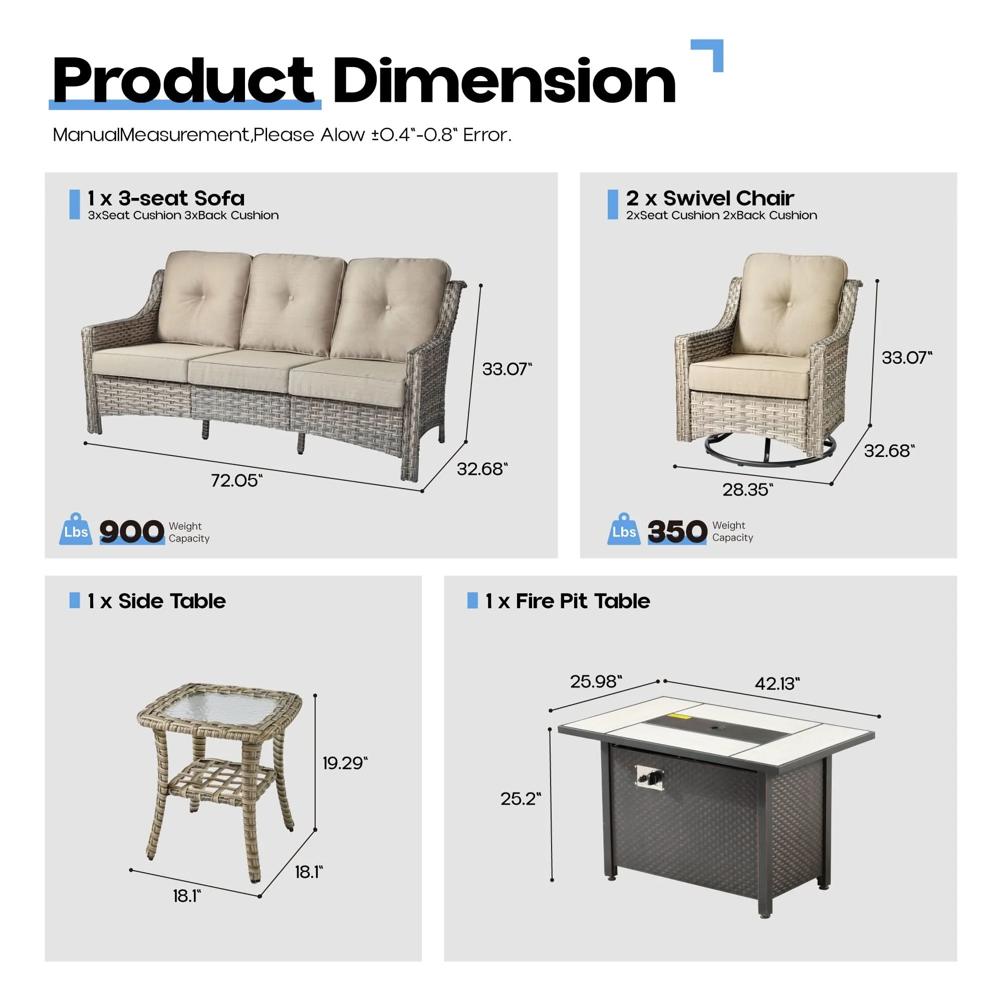 Ovios Outdoor 5 Pieces Coversation Set with 42