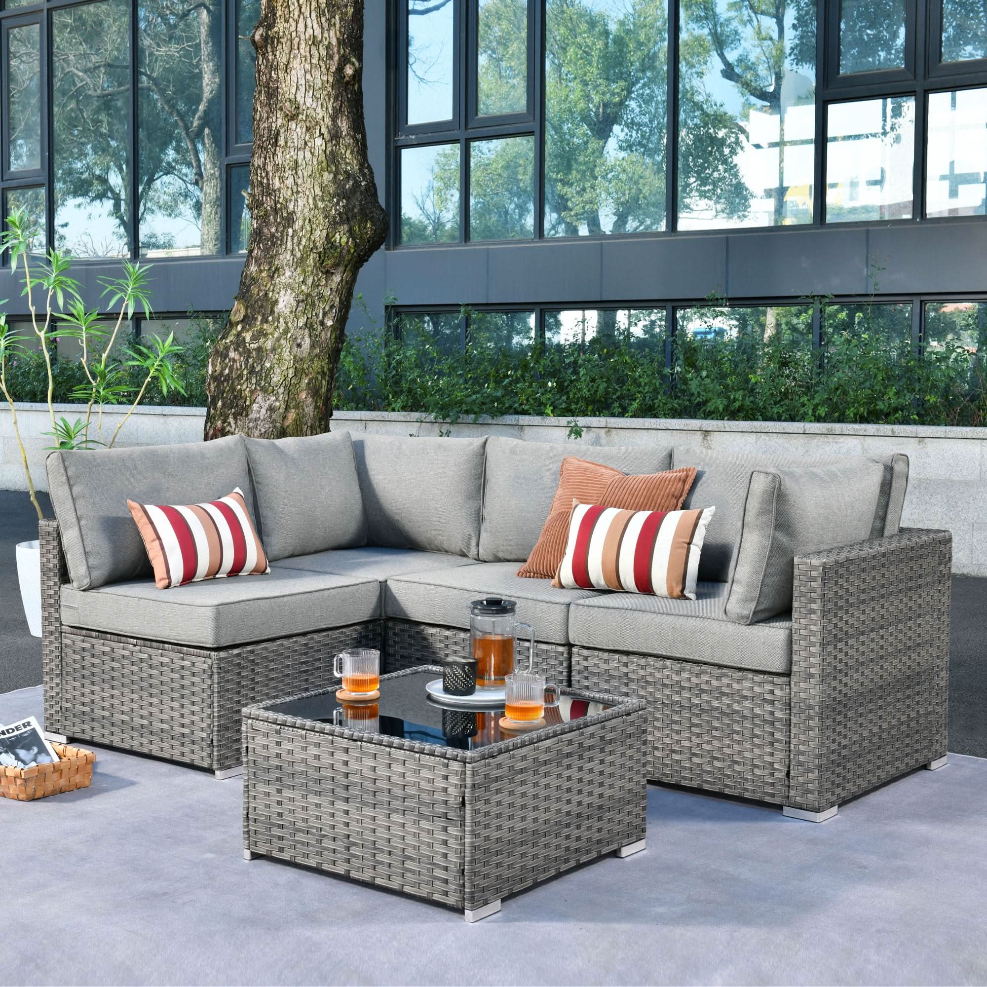 Ovios Outdoor 5 Piece Coversation Set with Coffee Table,Sectional Patio Furniture Set with All-Weather Wicker Sofa